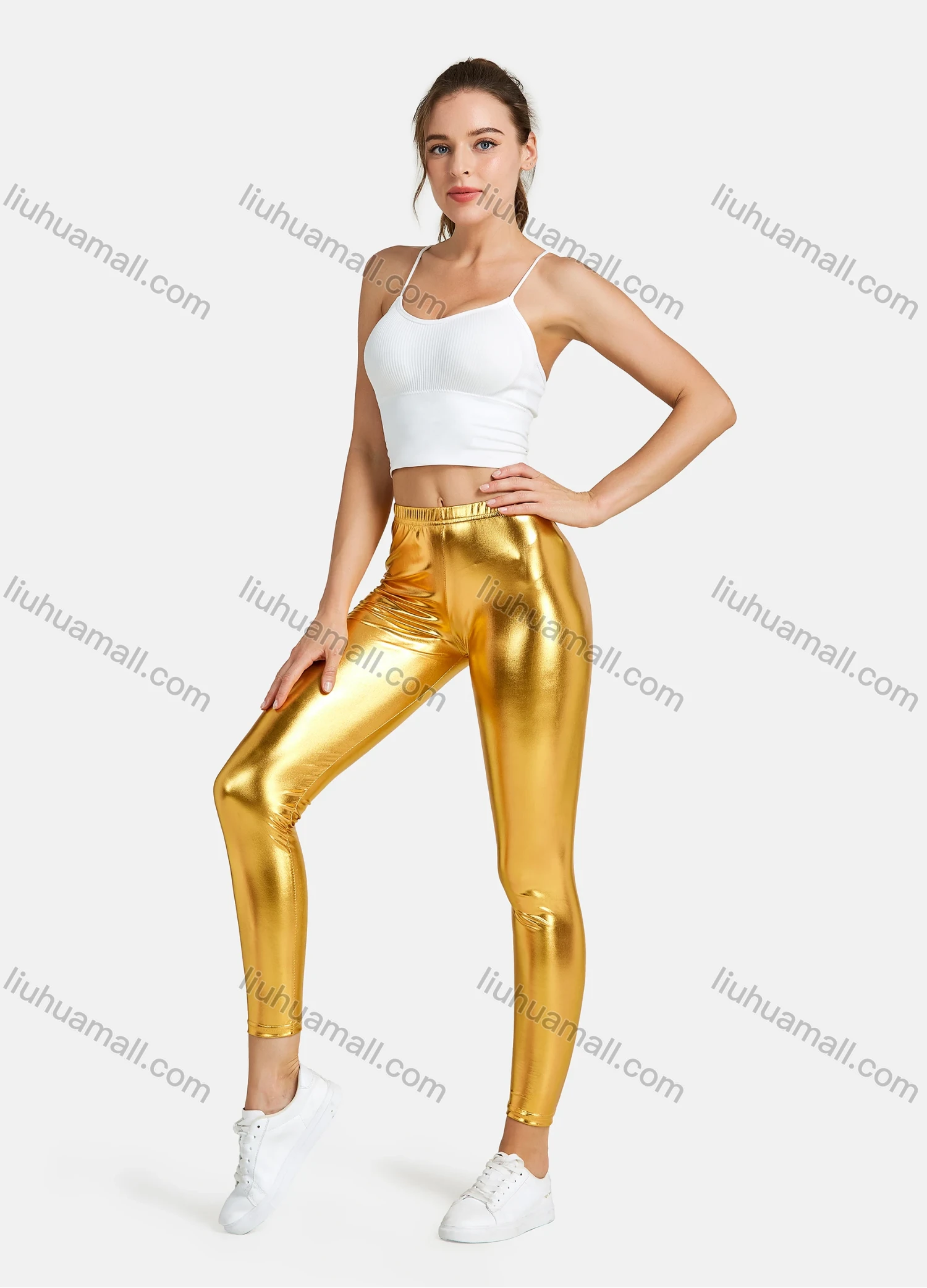 Wholesale Women's Fashion High Waist Skinny Ankle Length Shiny Faux Leather Leggings - Liuhuamall