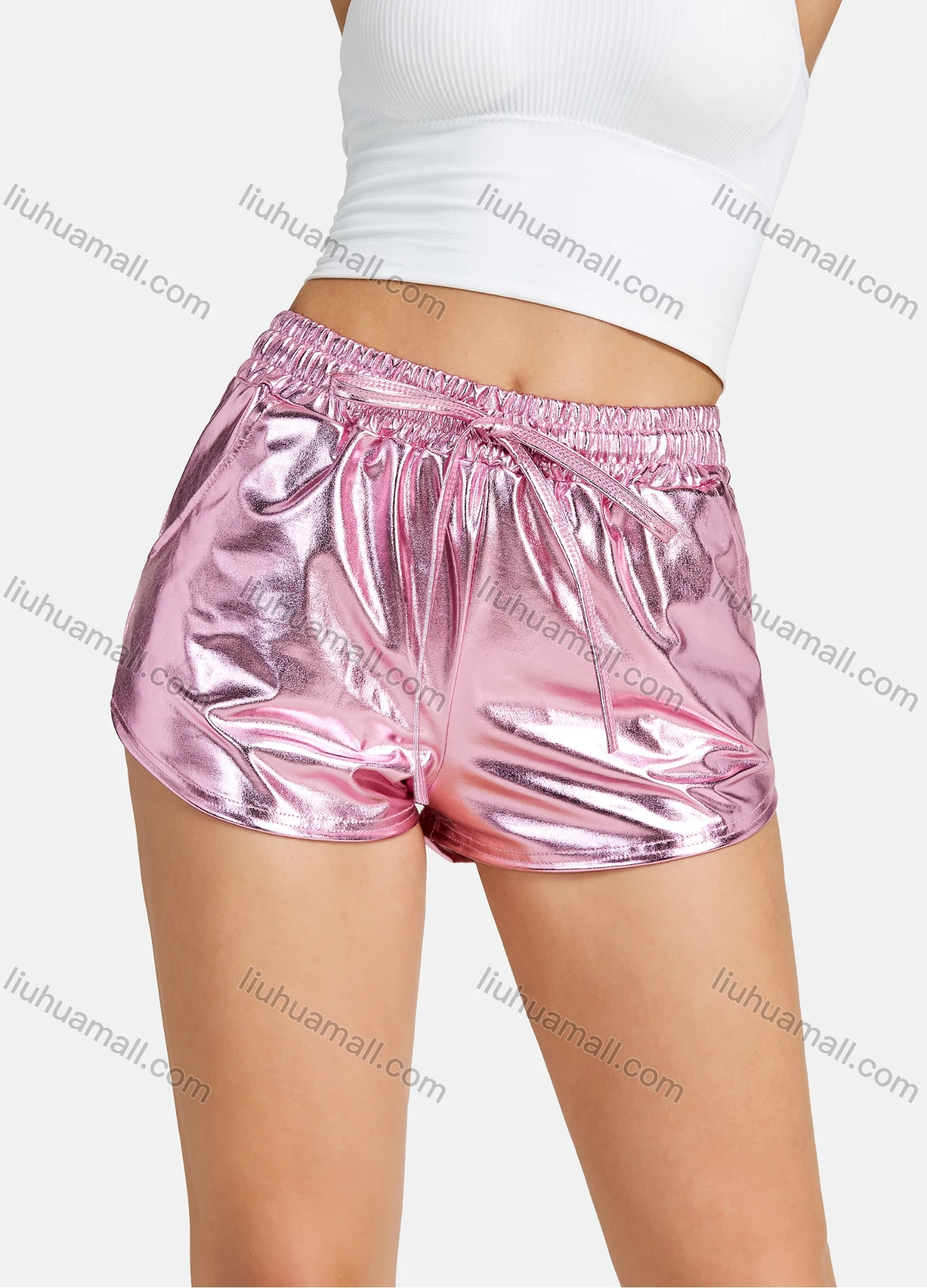 Wholesale Women's Fashion Elastic Waist Shiny Faux Leather Shorts - Liuhuamall