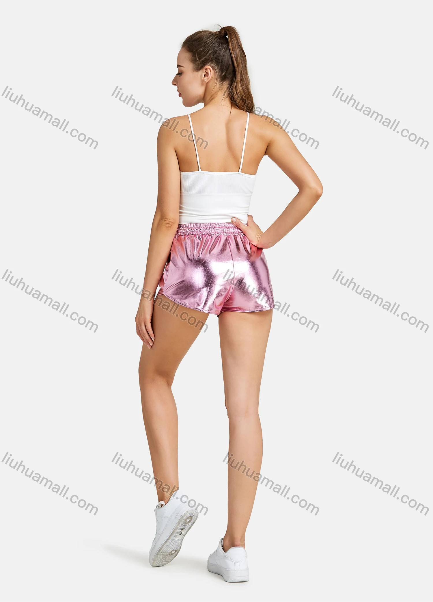 Wholesale Women's Fashion Elastic Waist Shiny Faux Leather Shorts - Liuhuamall