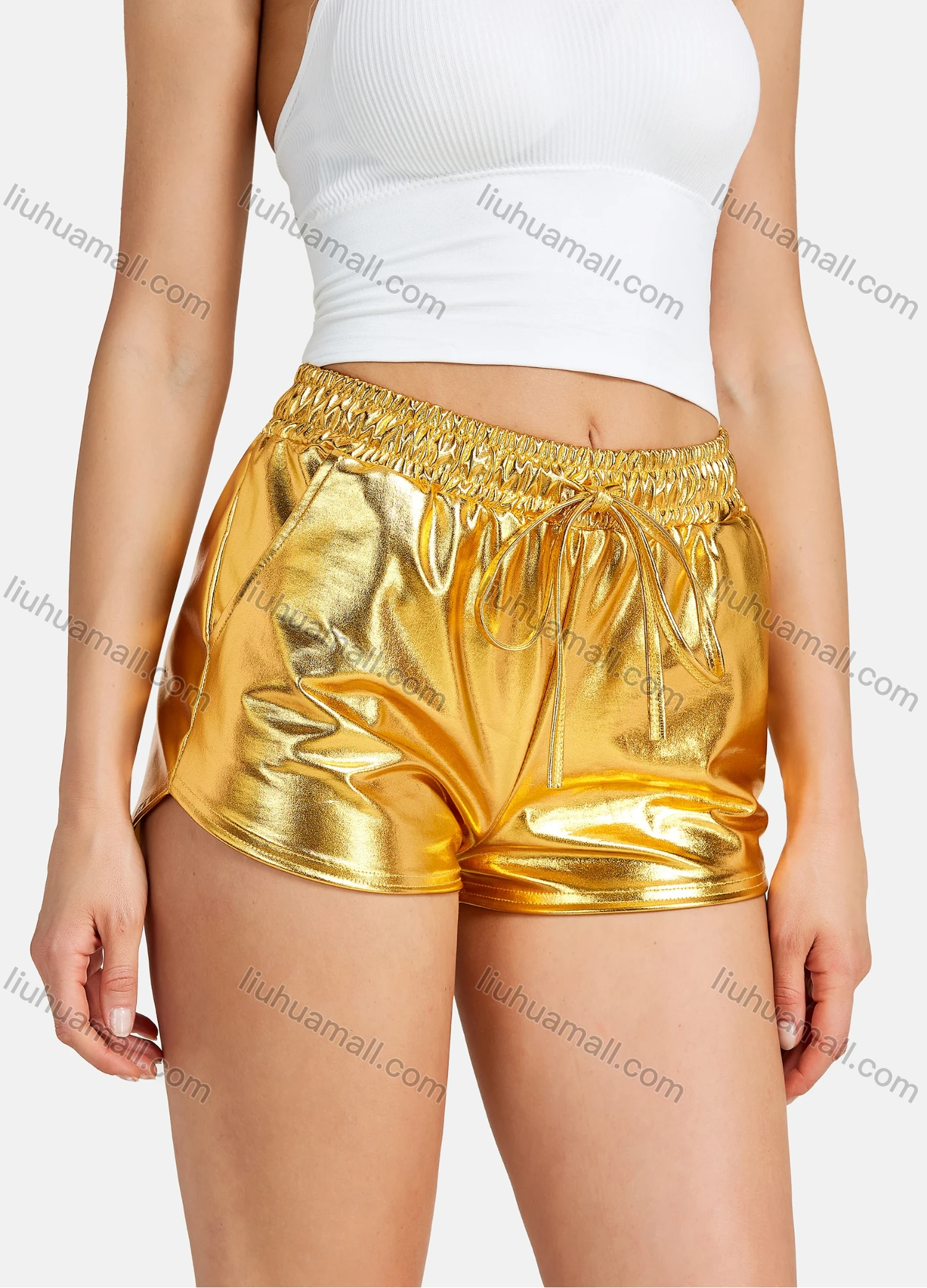 Wholesale Women's Fashion Elastic Waist Shiny Faux Leather Shorts - Liuhuamall