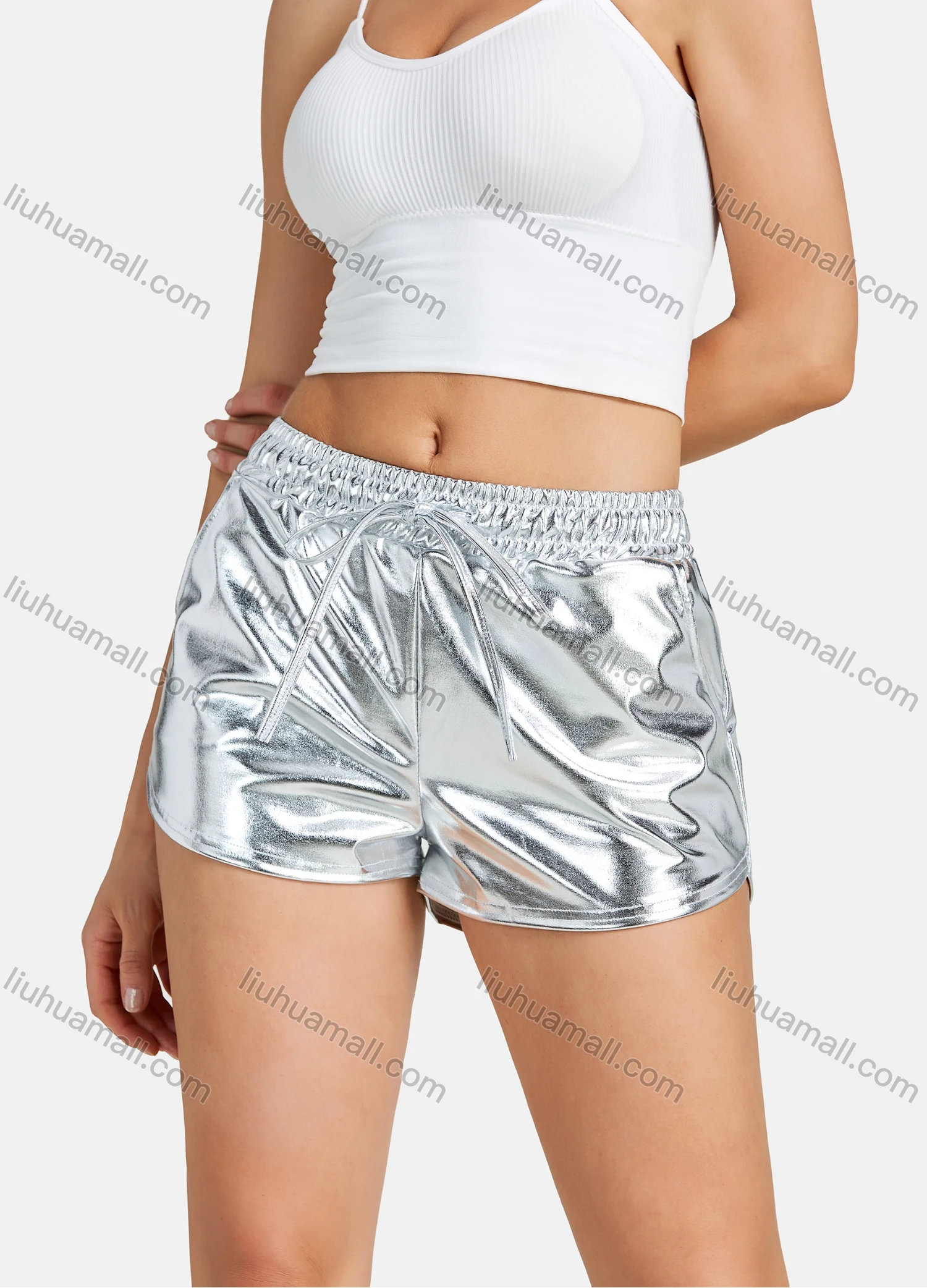 Wholesale Women's Fashion Elastic Waist Shiny Faux Leather Shorts - Liuhuamall