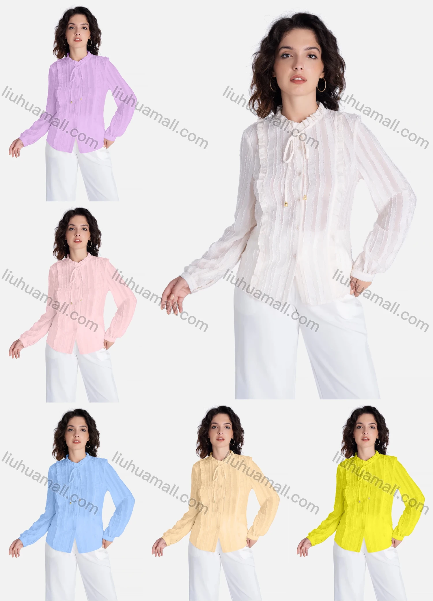 Wholesale Women's Casual Plain Tie Neck Long Sleeve Ruffle Trim Button Down Shirt V2840# - Liuhuamall