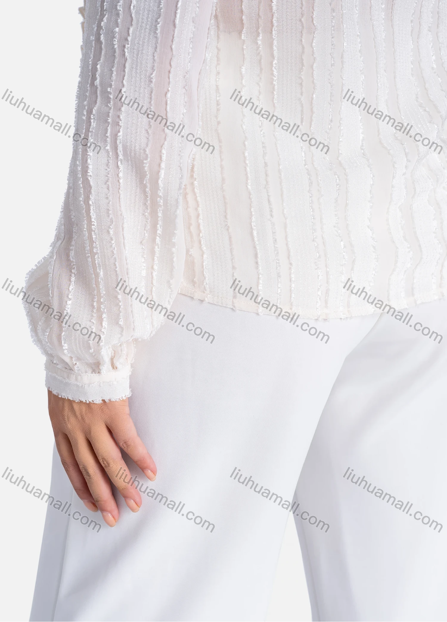 Wholesale Women's Casual Plain Tie Neck Long Sleeve Ruffle Trim Button Down Shirt V2840# - Liuhuamall