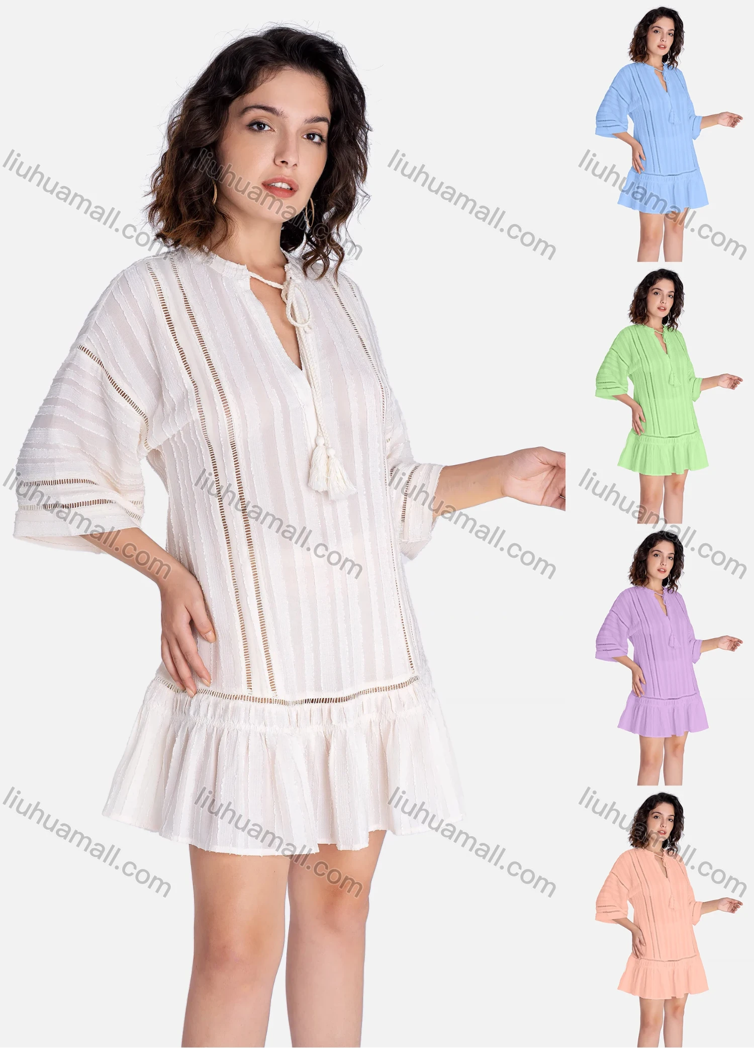 Wholesale Women's Casual Plain Tie Neck Batwing Sleeve Cut Out Ruffle Hem Short Dress V2808-1# - Liuhuamall