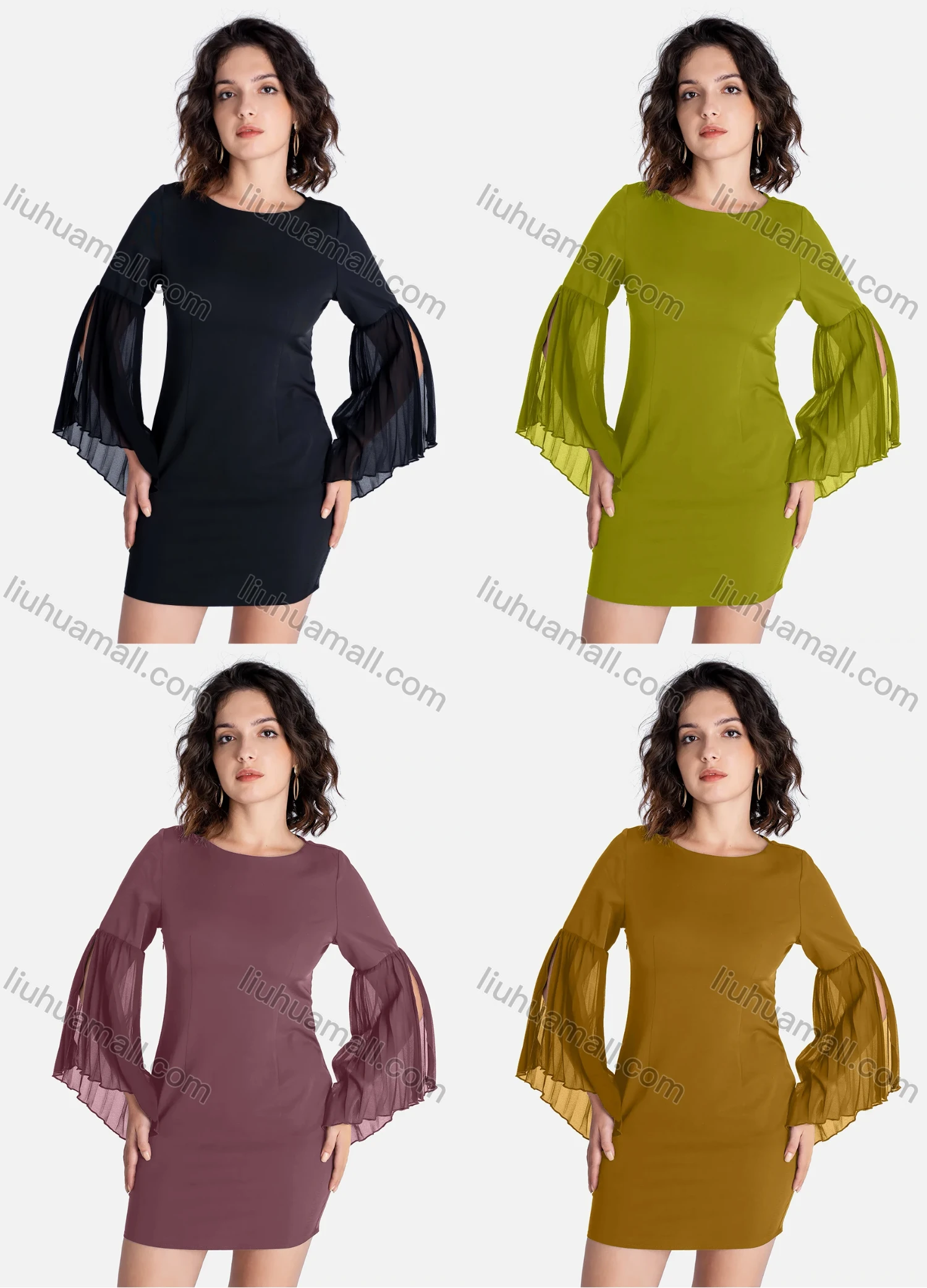 Wholesale Women's Casual Plain Round Neck Split Sleeve Short Dress V2445# - Liuhuamall