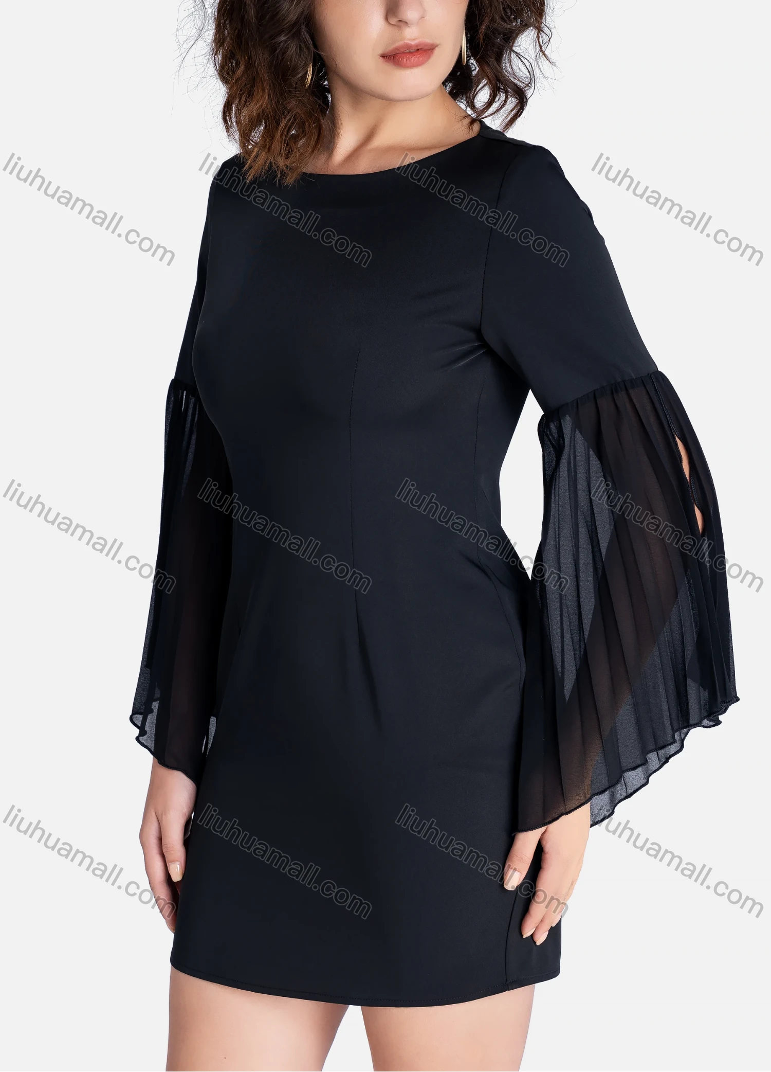 Wholesale Women's Casual Plain Round Neck Split Sleeve Short Dress V2445# - Liuhuamall