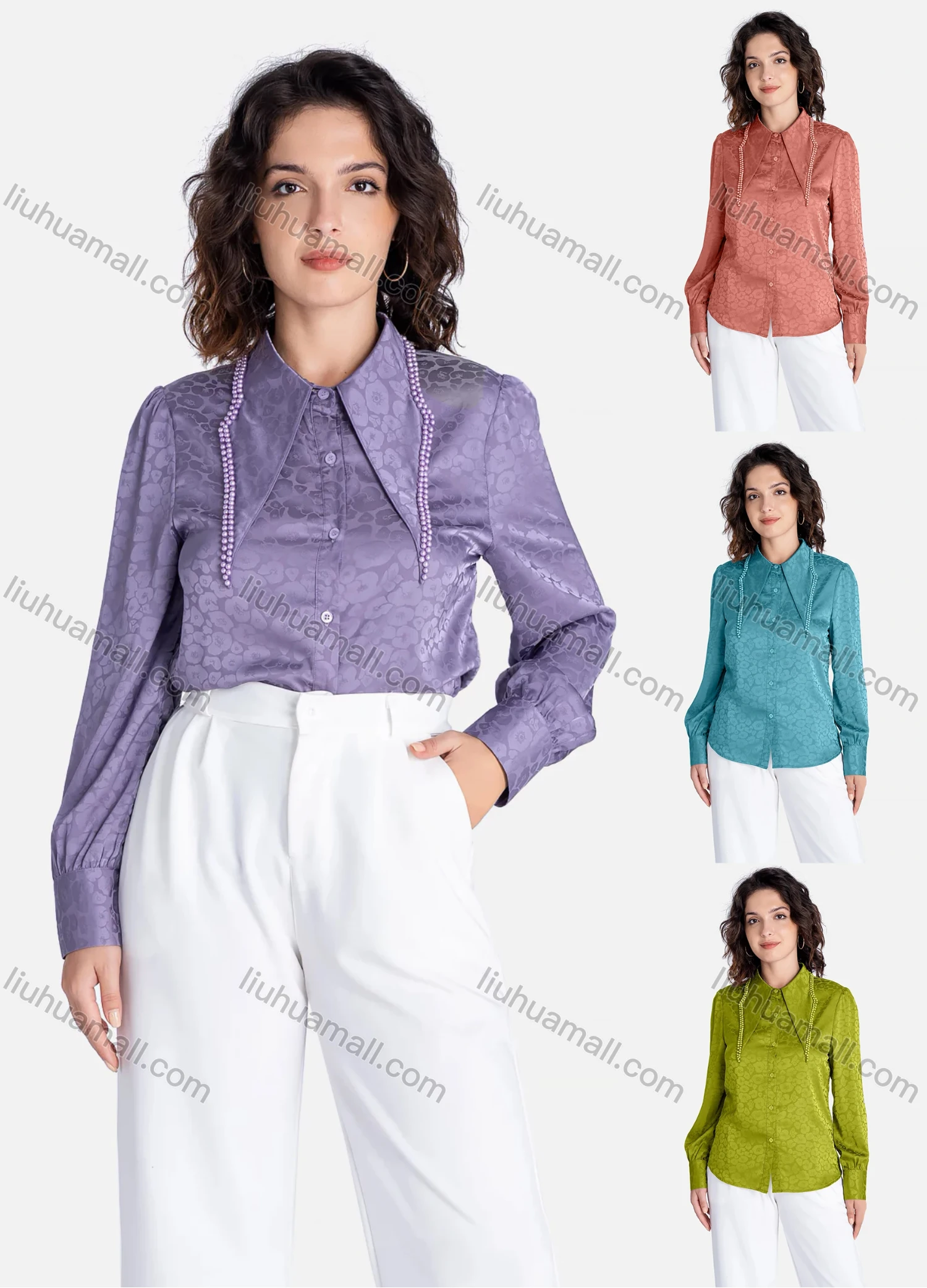 Wholesale Women's Casual Floral Print Lapel Long Sleeve Pearl Decor Button Down Shirt V2841# - Liuhuamall