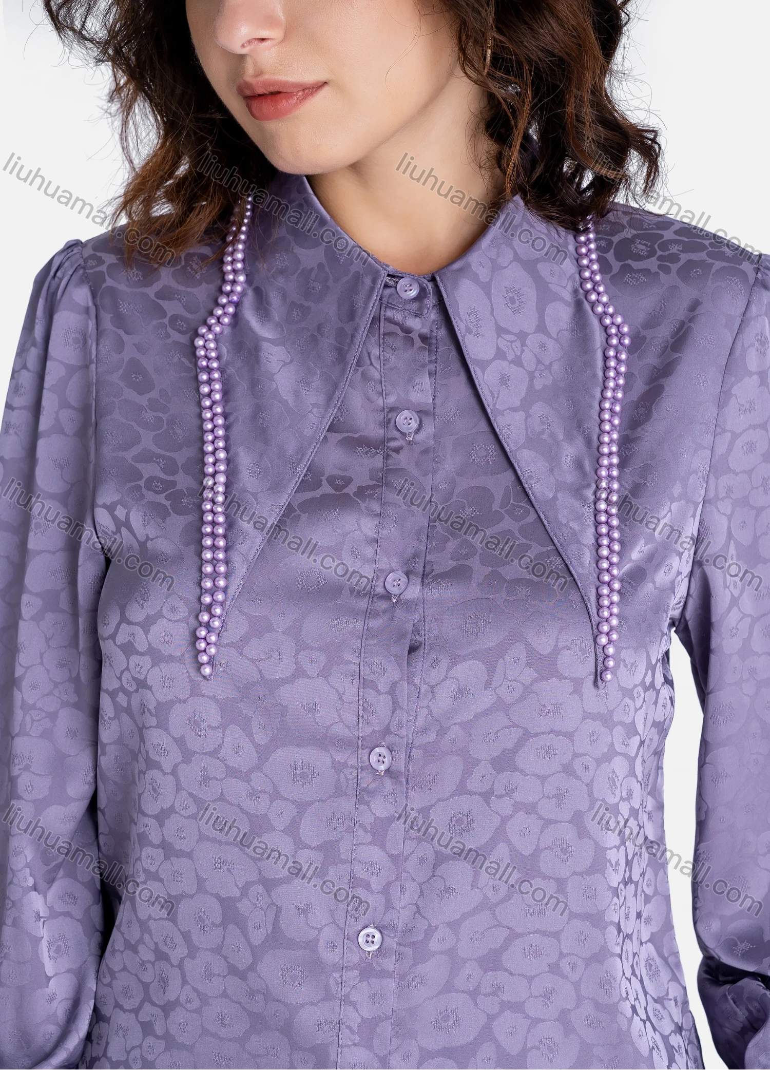 Wholesale Women's Casual Floral Print Lapel Long Sleeve Pearl Decor Button Down Shirt V2841# - Liuhuamall