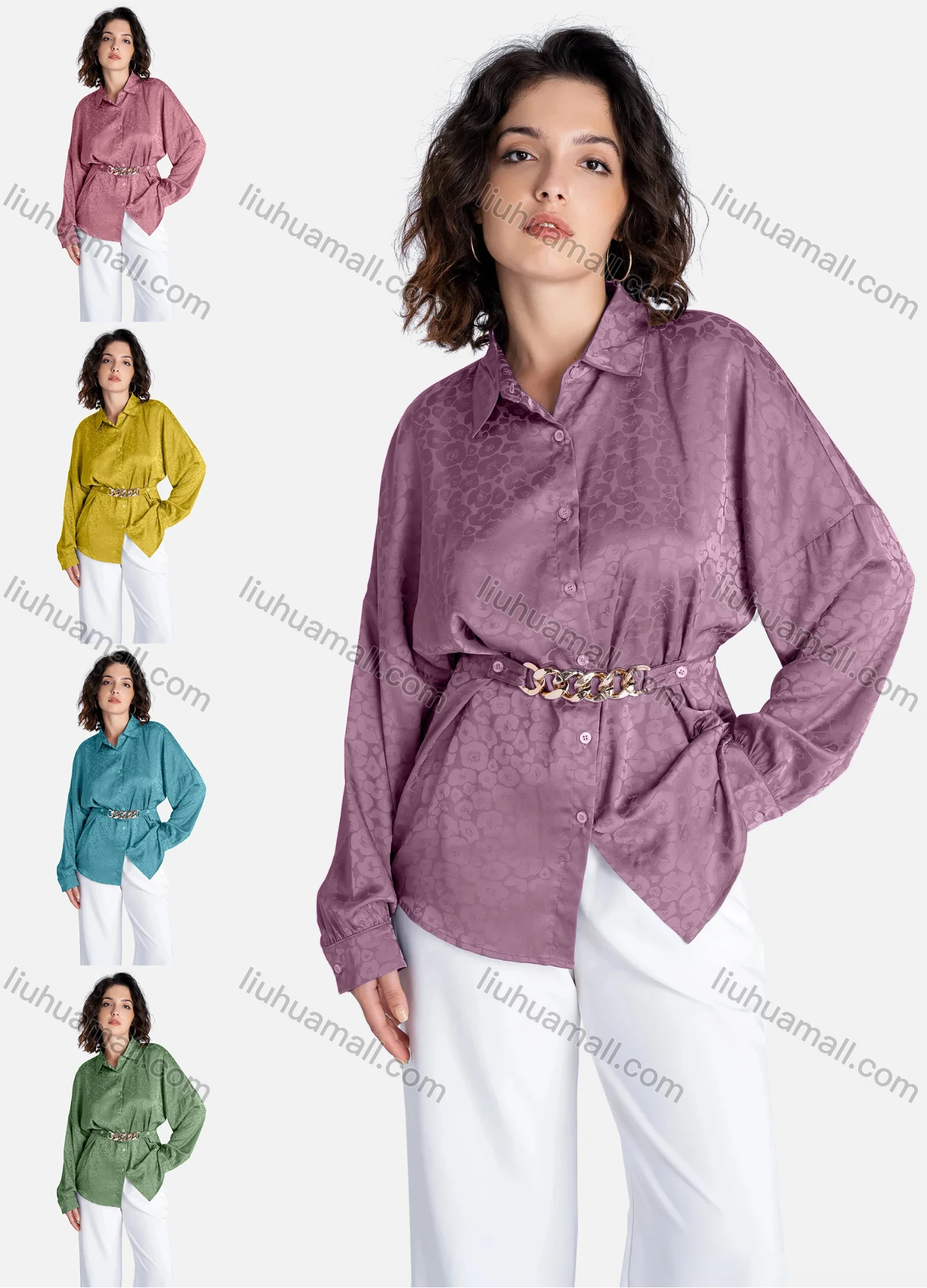 Wholesale Women's Casual Floral Printl Long Sleeve Button Down Shirt With Belt V2842# - Liuhuamall