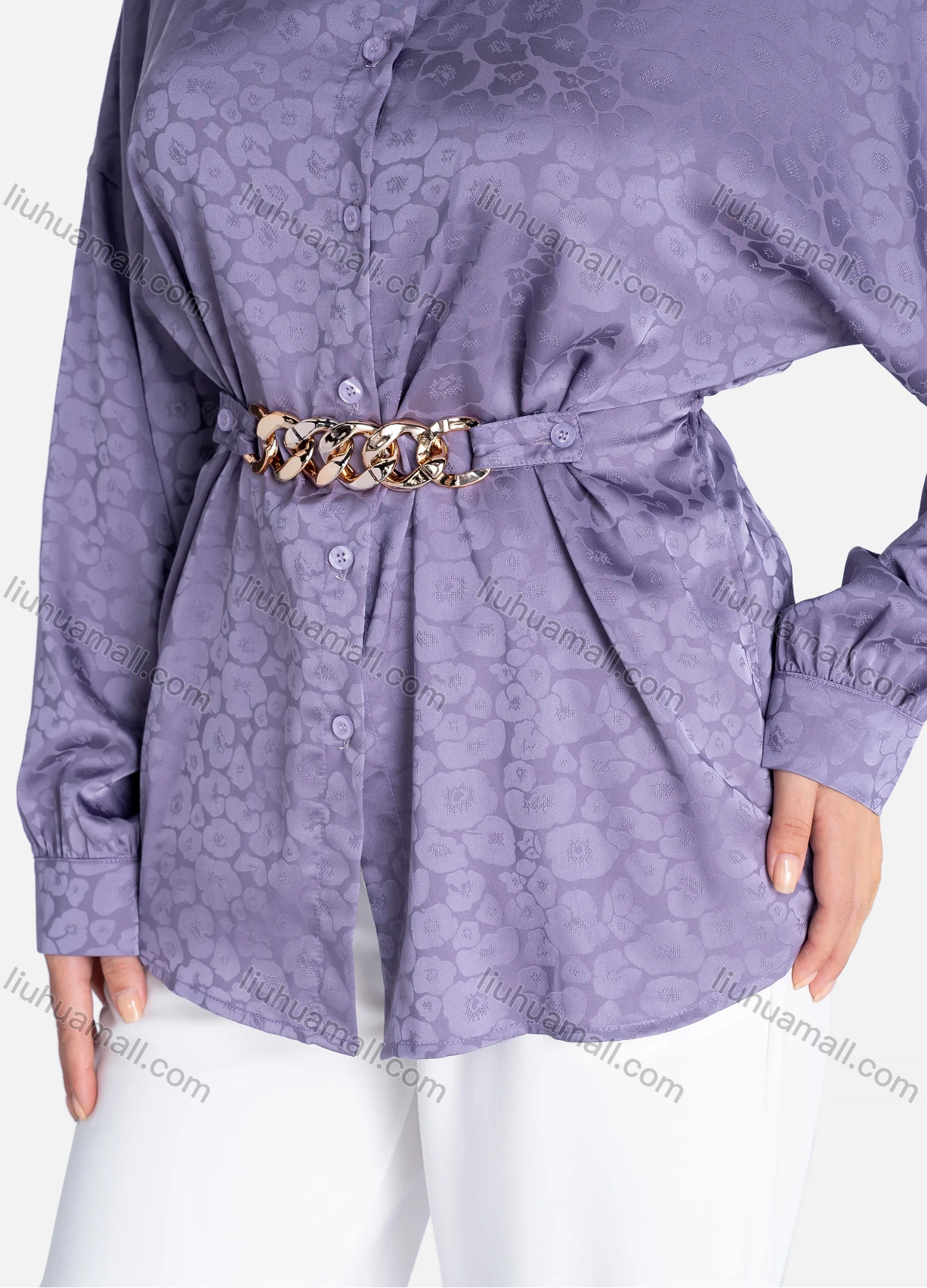 Wholesale Women's Casual Floral Printl Long Sleeve Button Down Shirt With Belt V2842# - Liuhuamall