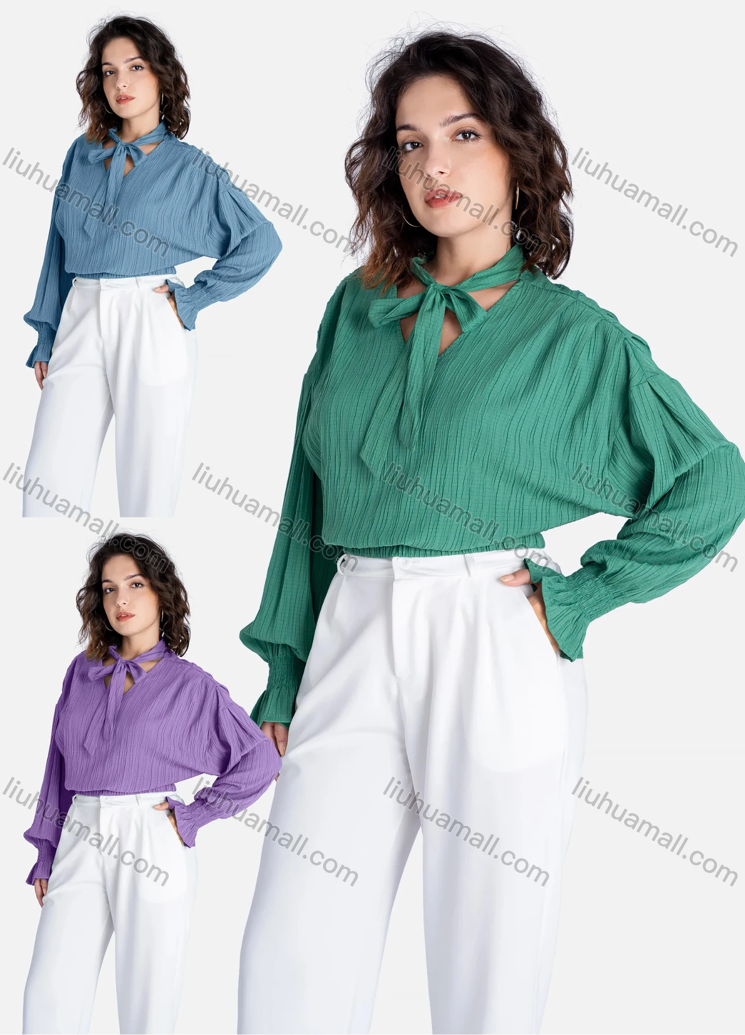 Wholesale Women's Casual Plain Tie Neck Long Sleeve Crop Blouse V2740# - Liuhuamall