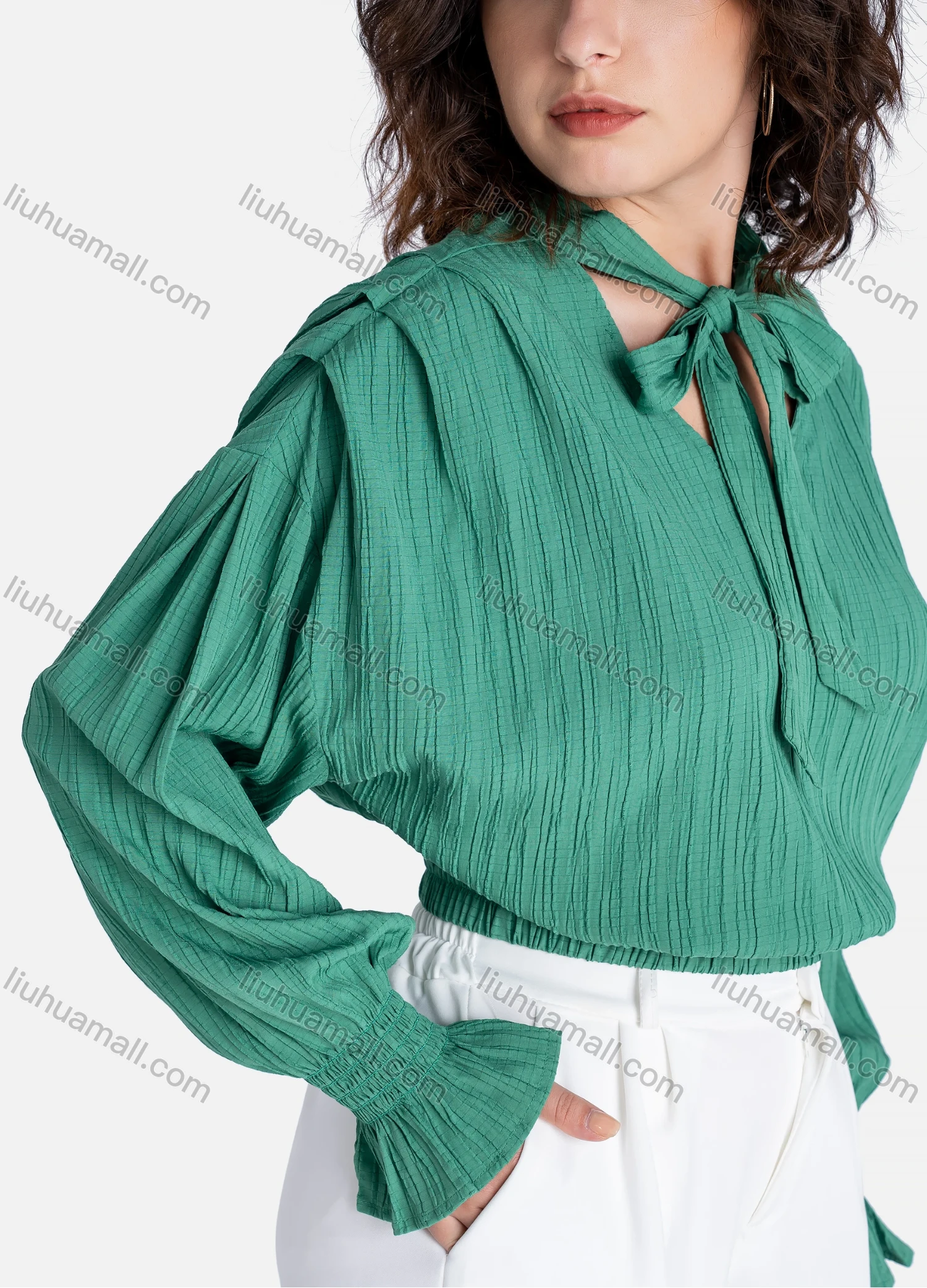 Wholesale Women's Casual Plain Tie Neck Long Sleeve Crop Blouse V2740# - Liuhuamall