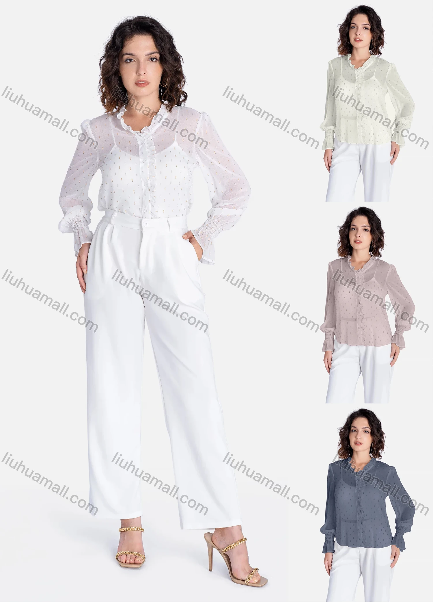 Wholesale Women's Casual Allover Print Semi-sheer Ruffle Neck Button Down Ruffle Trim Shirt V2609# - Liuhuamall