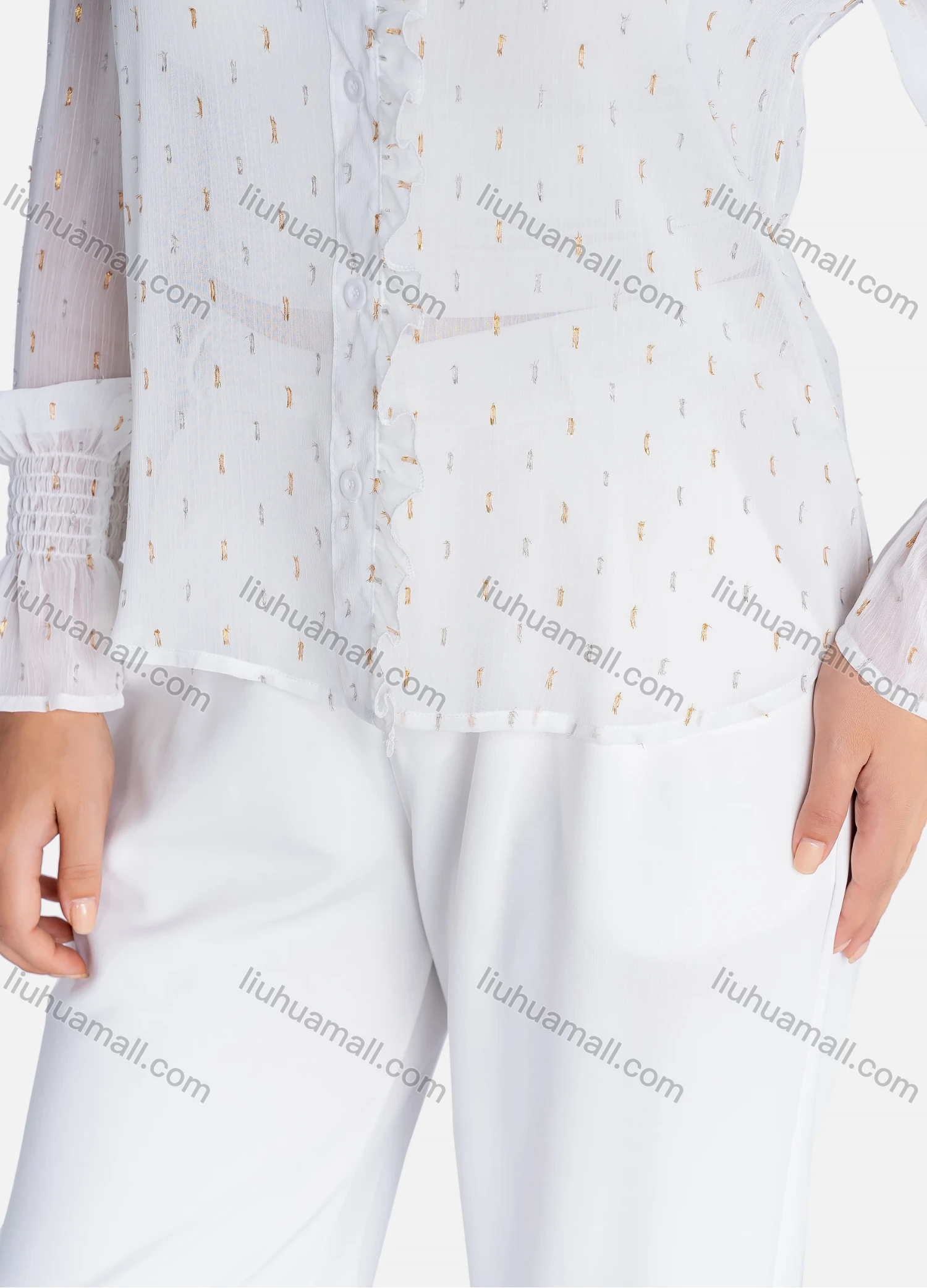 Wholesale Women's Casual Allover Print Semi-sheer Ruffle Neck Button Down Ruffle Trim Shirt V2609# - Liuhuamall