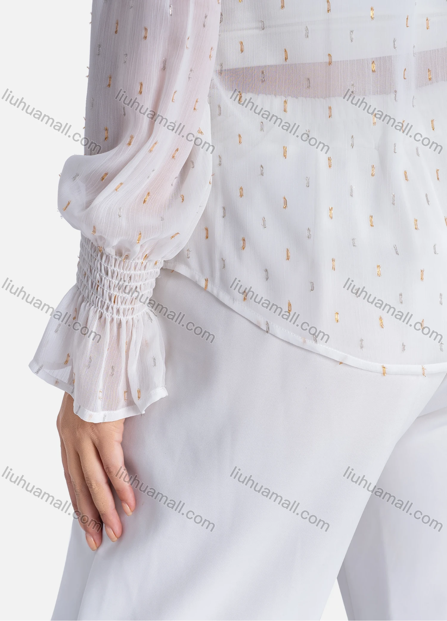 Wholesale Women's Casual Allover Print Semi-sheer Ruffle Neck Button Down Ruffle Trim Shirt V2609# - Liuhuamall