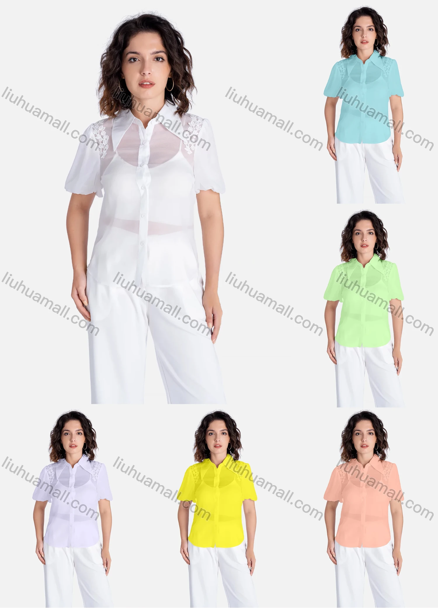 Wholesale Women's Casual Plain Semi-sheer Embroidery Button Down Short Sleeve Shirt V2640# - Liuhuamall