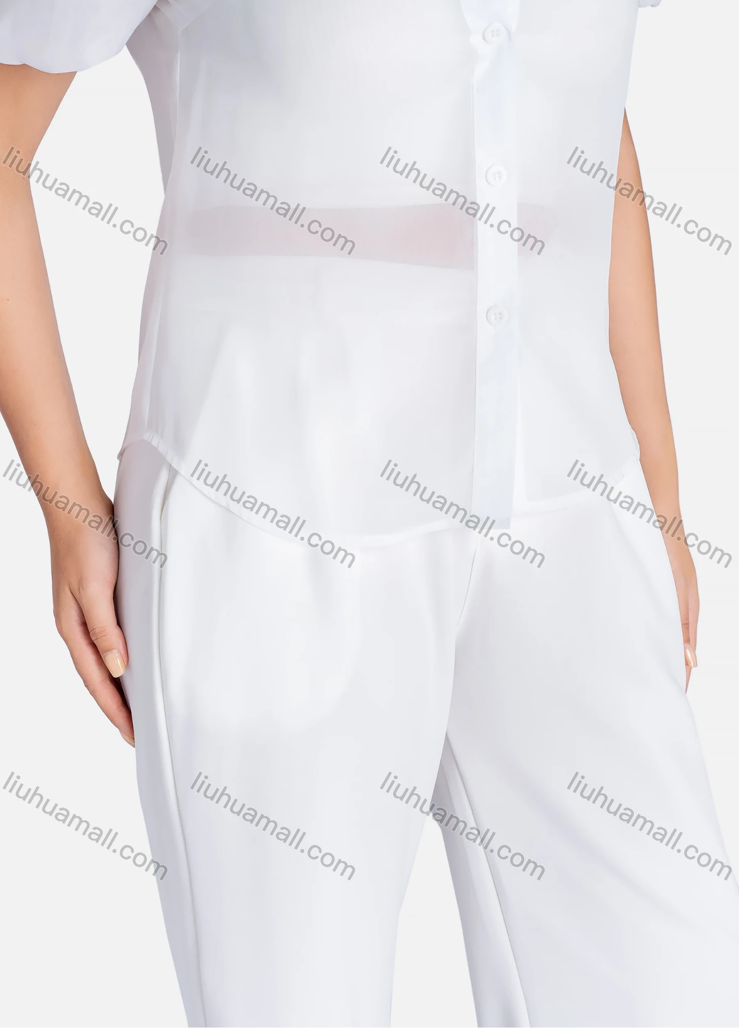 Wholesale Women's Casual Plain Semi-sheer Embroidery Button Down Short Sleeve Shirt V2640# - Liuhuamall