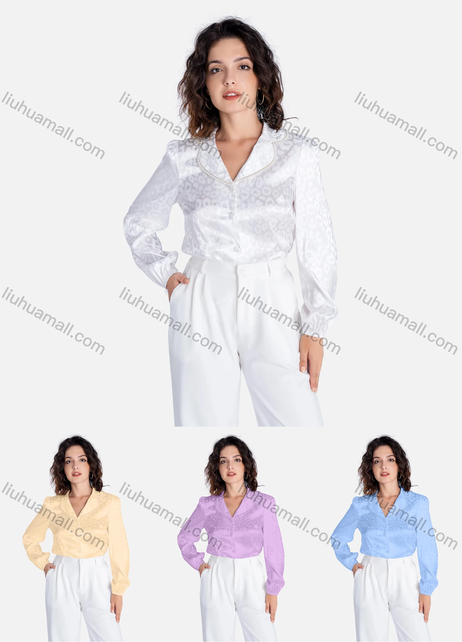 Wholesale Women's Casual Floral Print Lapel Pearl Decor Long Sleeve Button Down Shirt V2638# - Liuhuamall