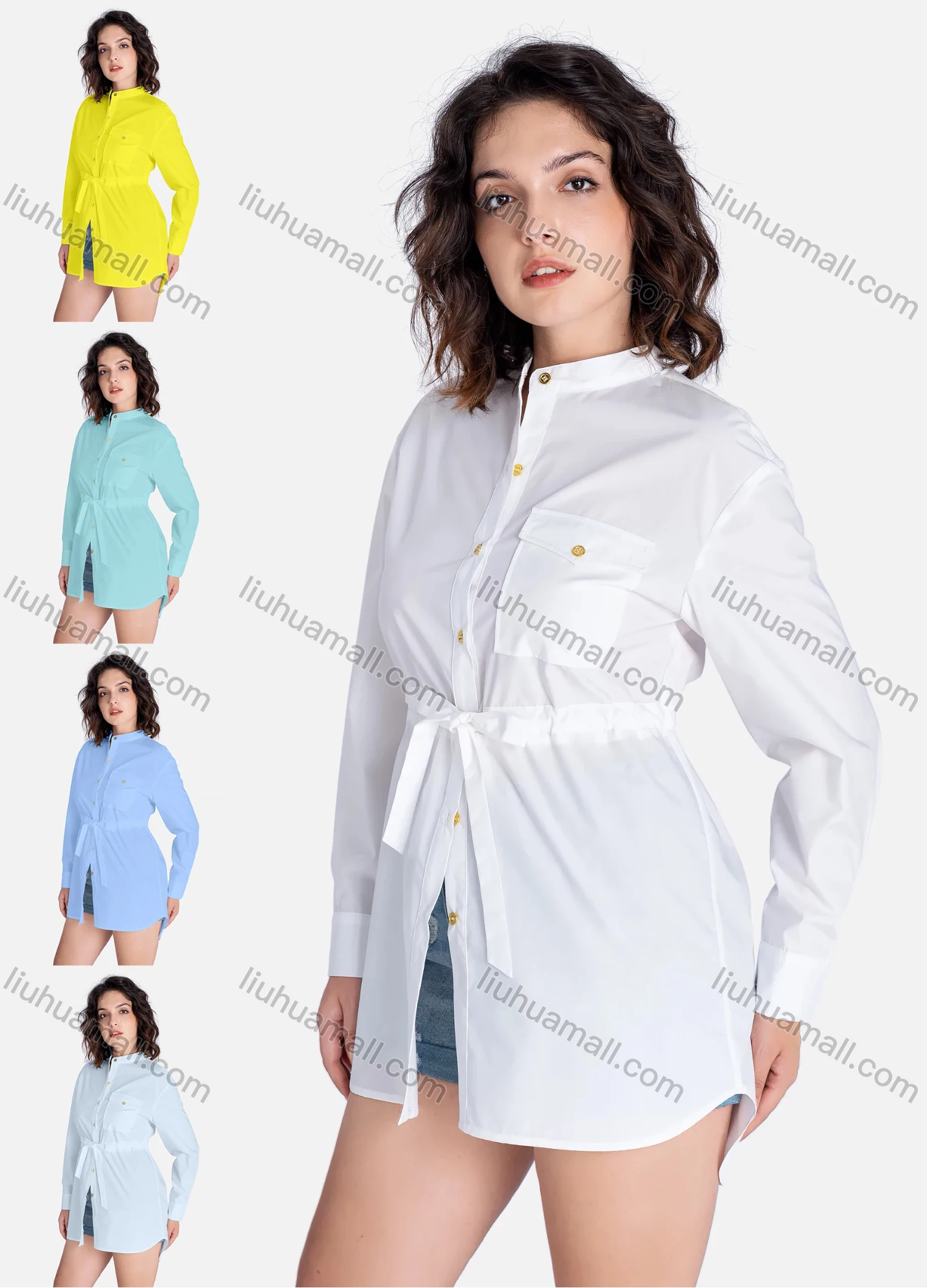 Wholesale Women's Casual Plain Stand Collar Long Sleeve Flap Pockets Tie Front Shirt V2452-1# - Liuhuamall