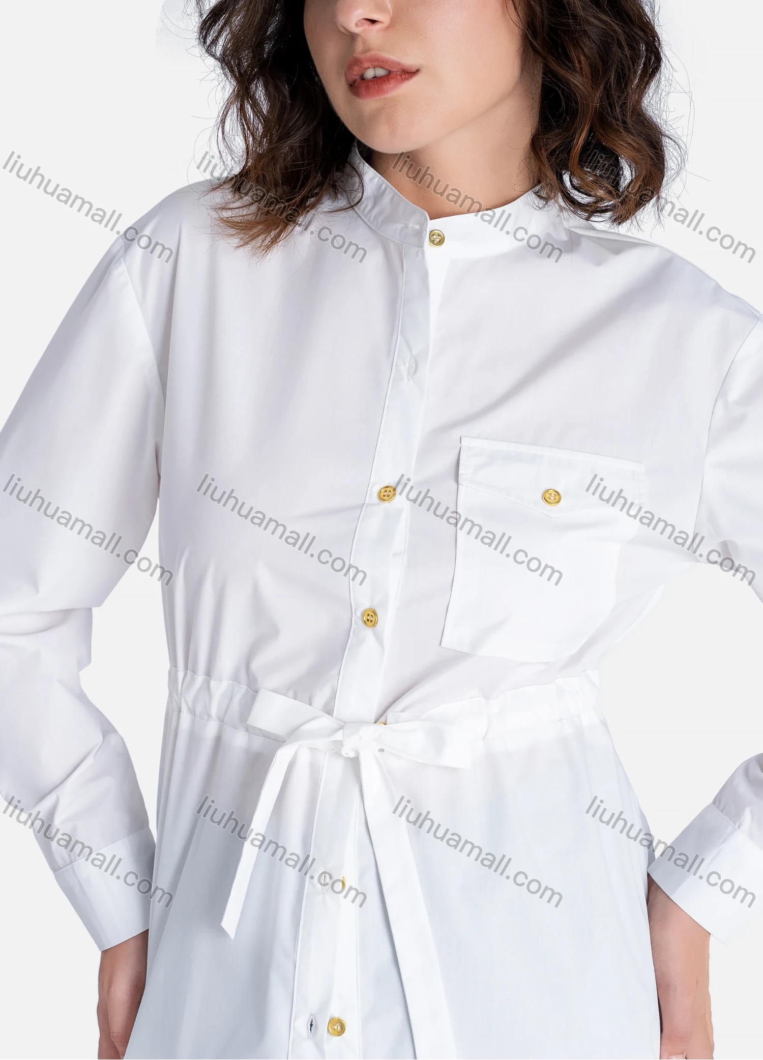 Wholesale Women's Casual Plain Stand Collar Long Sleeve Flap Pockets Tie Front Shirt V2452-1# - Liuhuamall