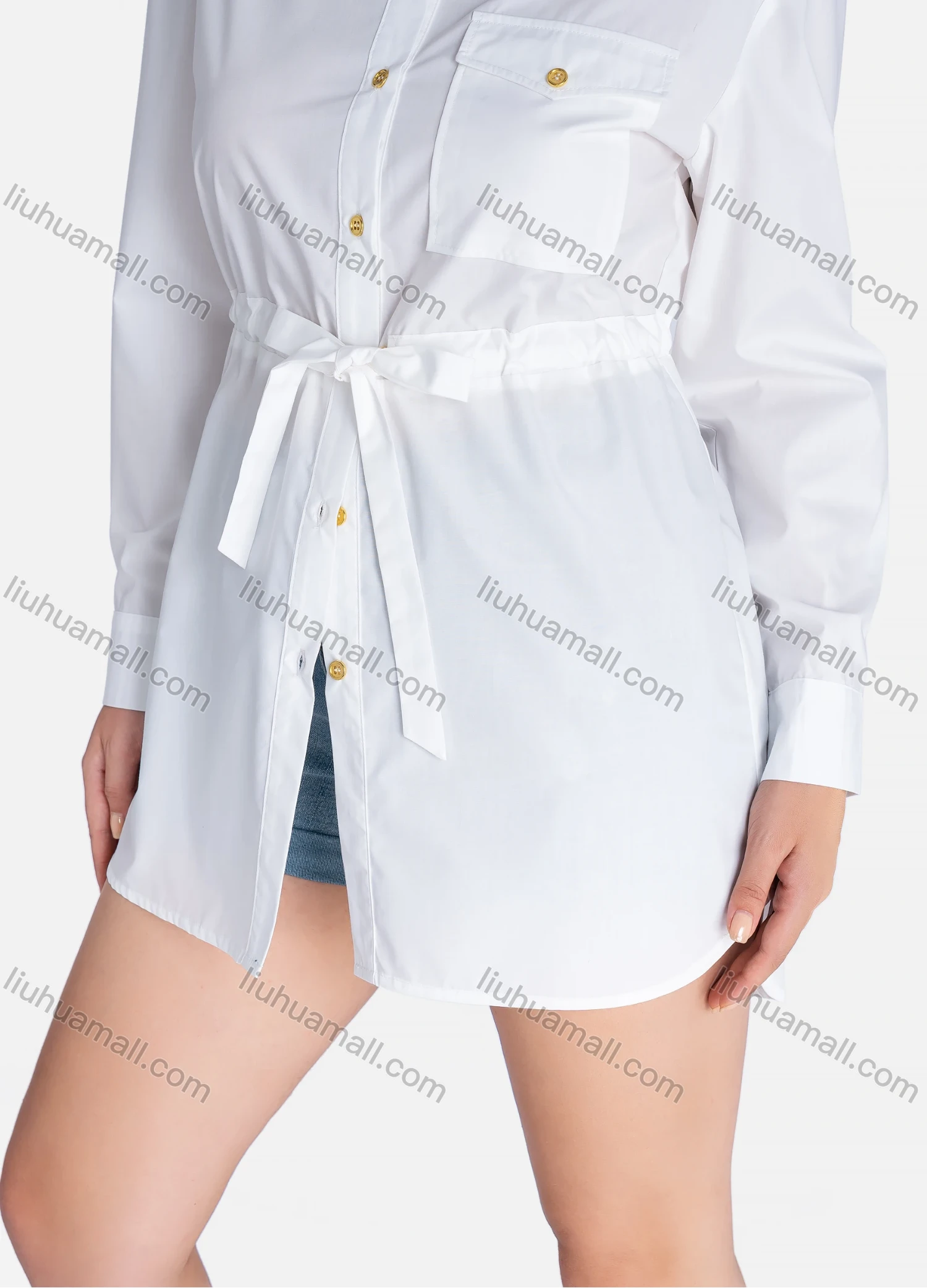 Wholesale Women's Casual Plain Stand Collar Long Sleeve Flap Pockets Tie Front Shirt V2452-1# - Liuhuamall