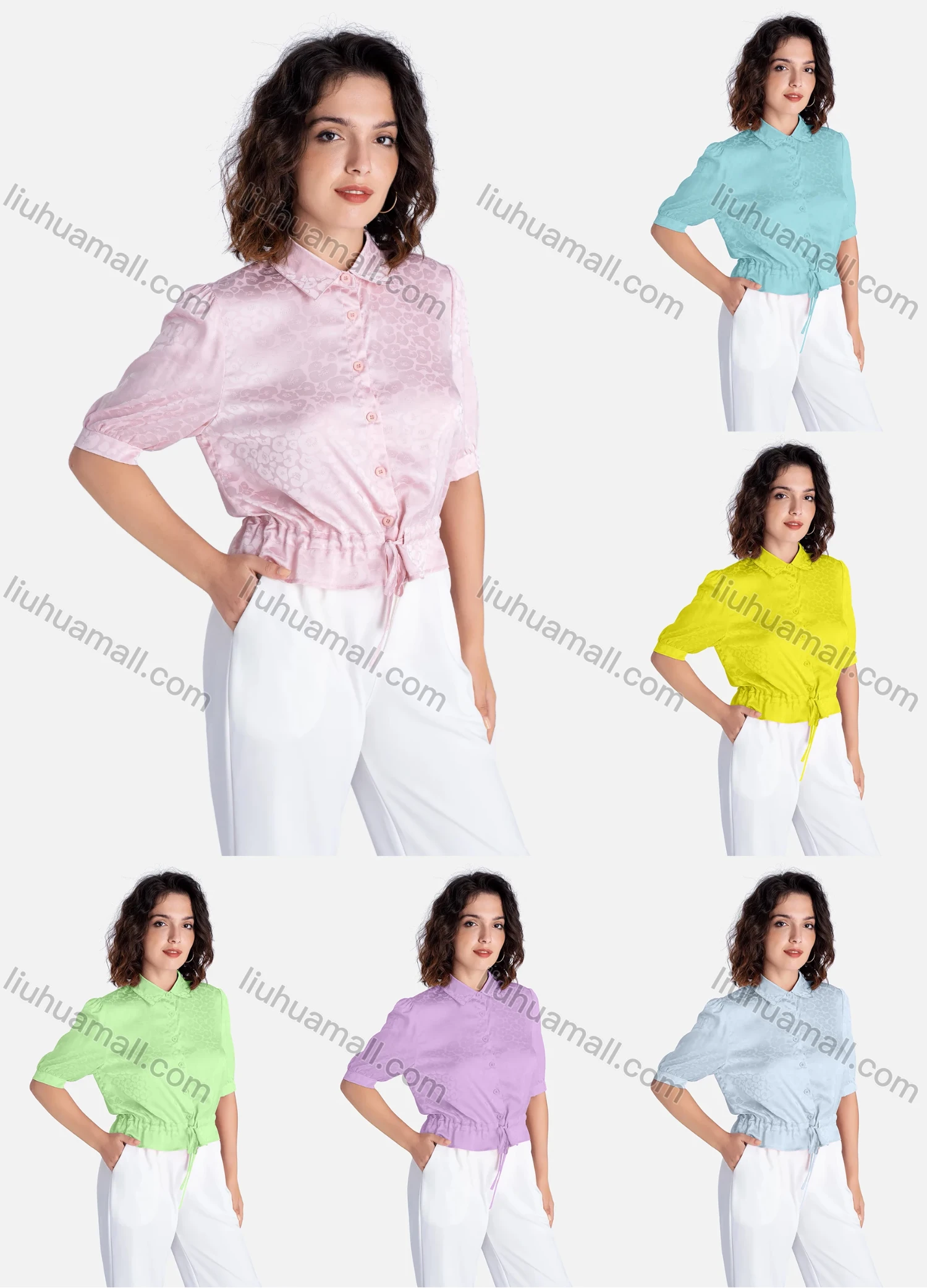 Wholesale Women's Casual Floral Print Half Sleeve Button Down Tie Front Shirt V2843# - Liuhuamall