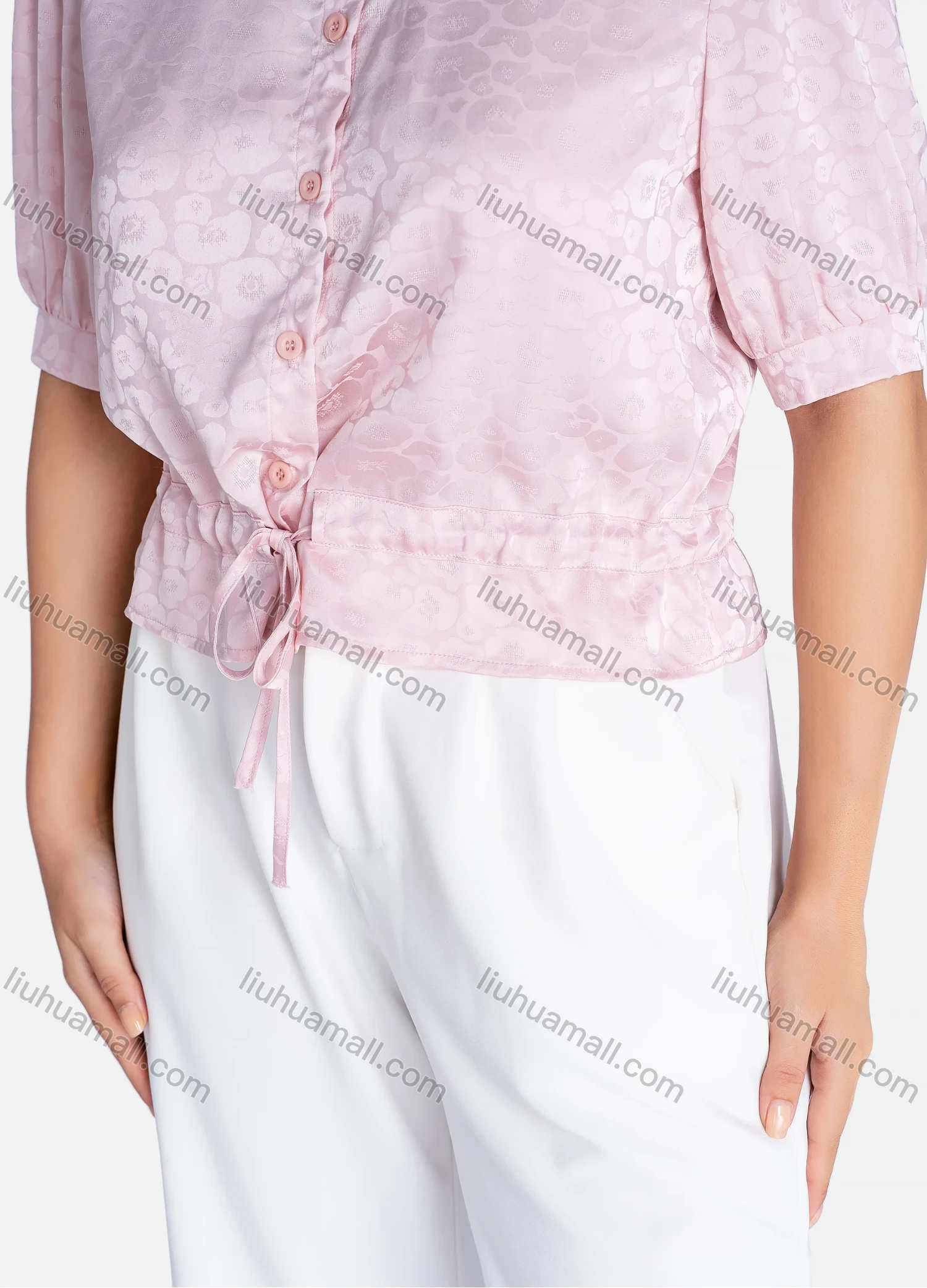 Wholesale Women's Casual Floral Print Half Sleeve Button Down Tie Front Shirt V2843# - Liuhuamall