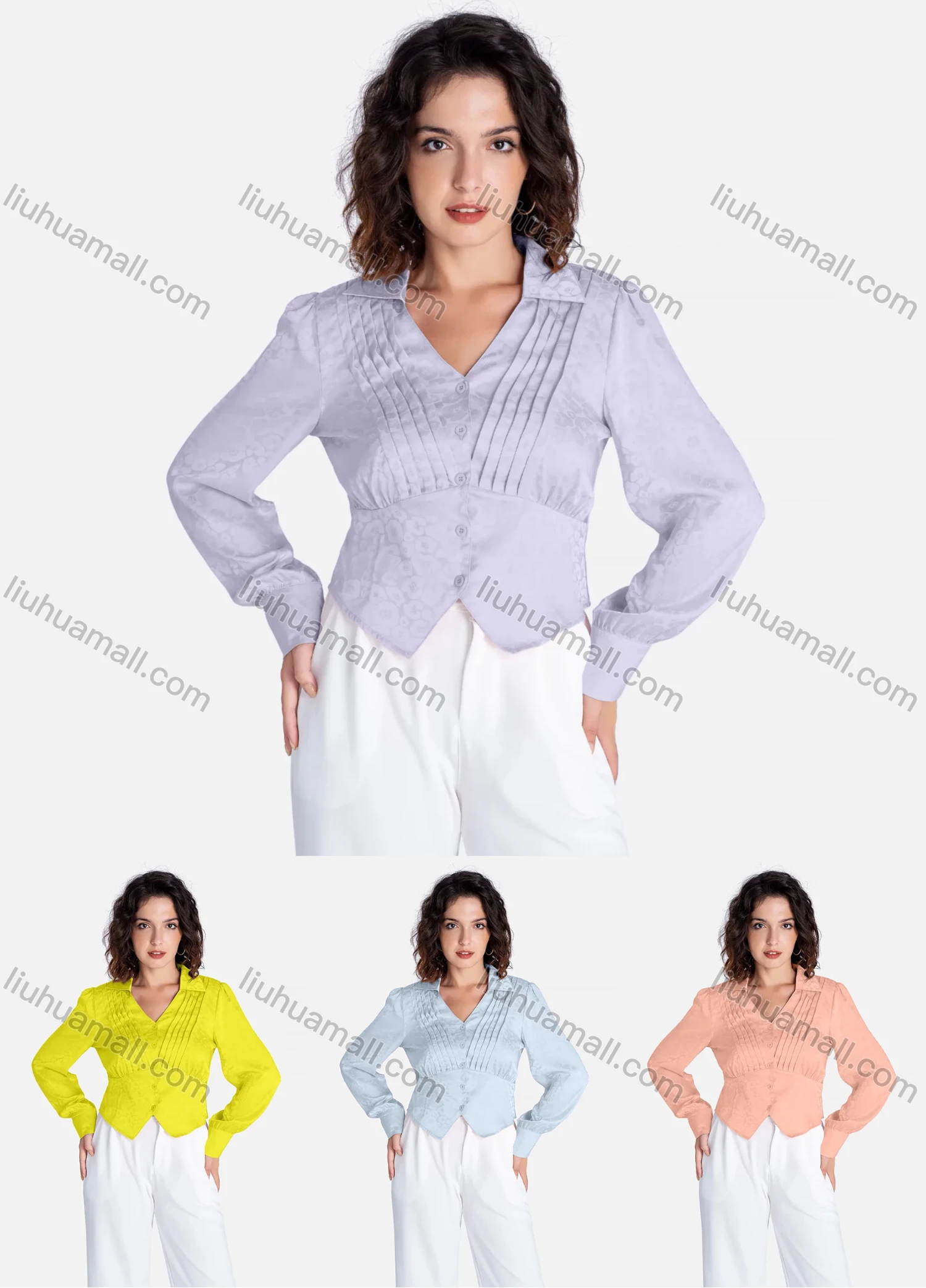 Wholesale Women's Casual Floral Print Pleated Turn Down Button Down Long Sleeve Shirts V2845# - Liuhuamall