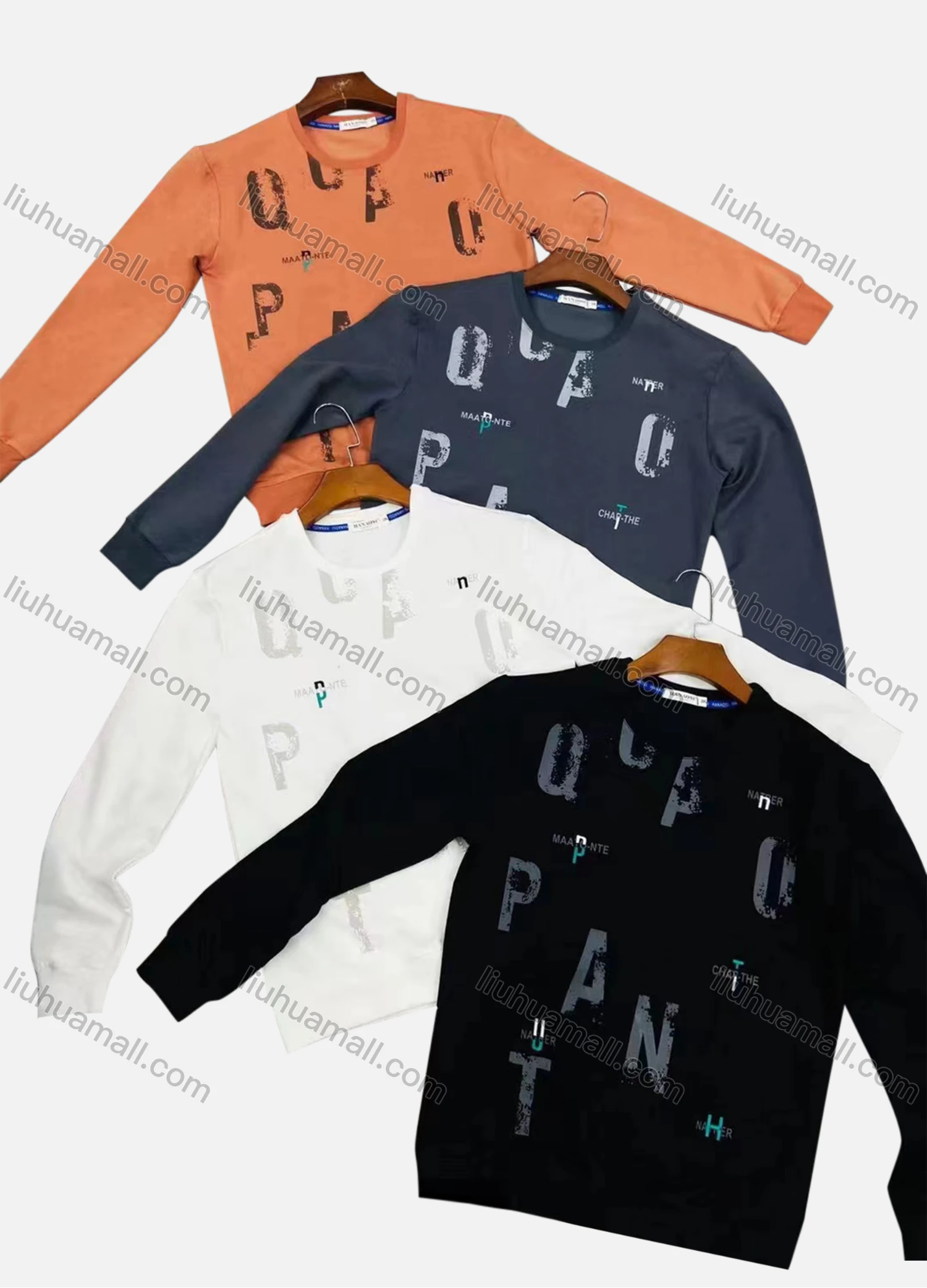 Wholesale Men's Casual Crew Neck Long Sleeve Distressed Letter Print Sweatshirts - Liuhuamall