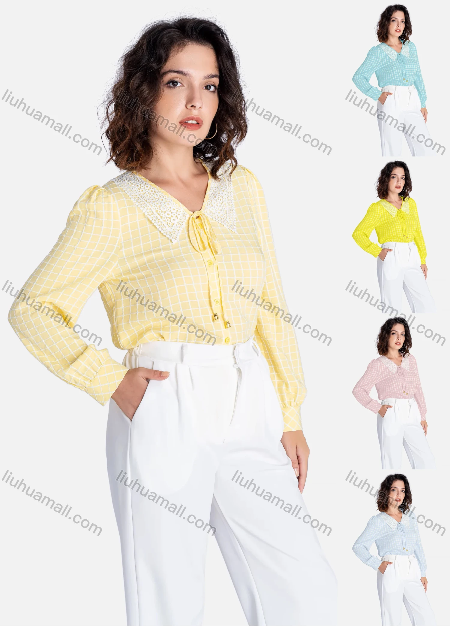 Wholesale Women's Casual Plaid Print Lace Trim Tie Neck Button Down Long Sleeve Shirt V2851# - Liuhuamall