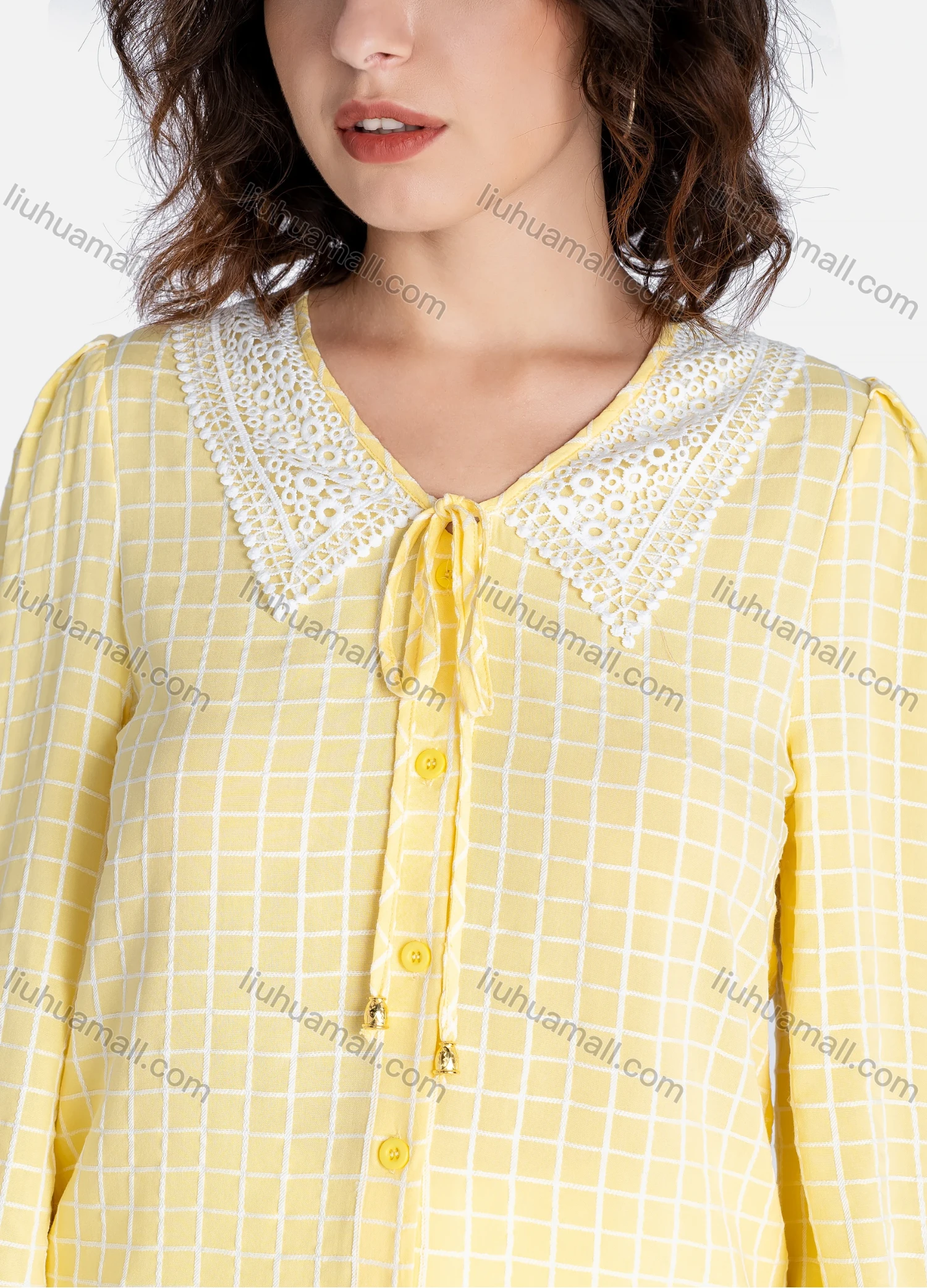 Wholesale Women's Casual Plaid Print Lace Trim Tie Neck Button Down Long Sleeve Shirt V2851# - Liuhuamall