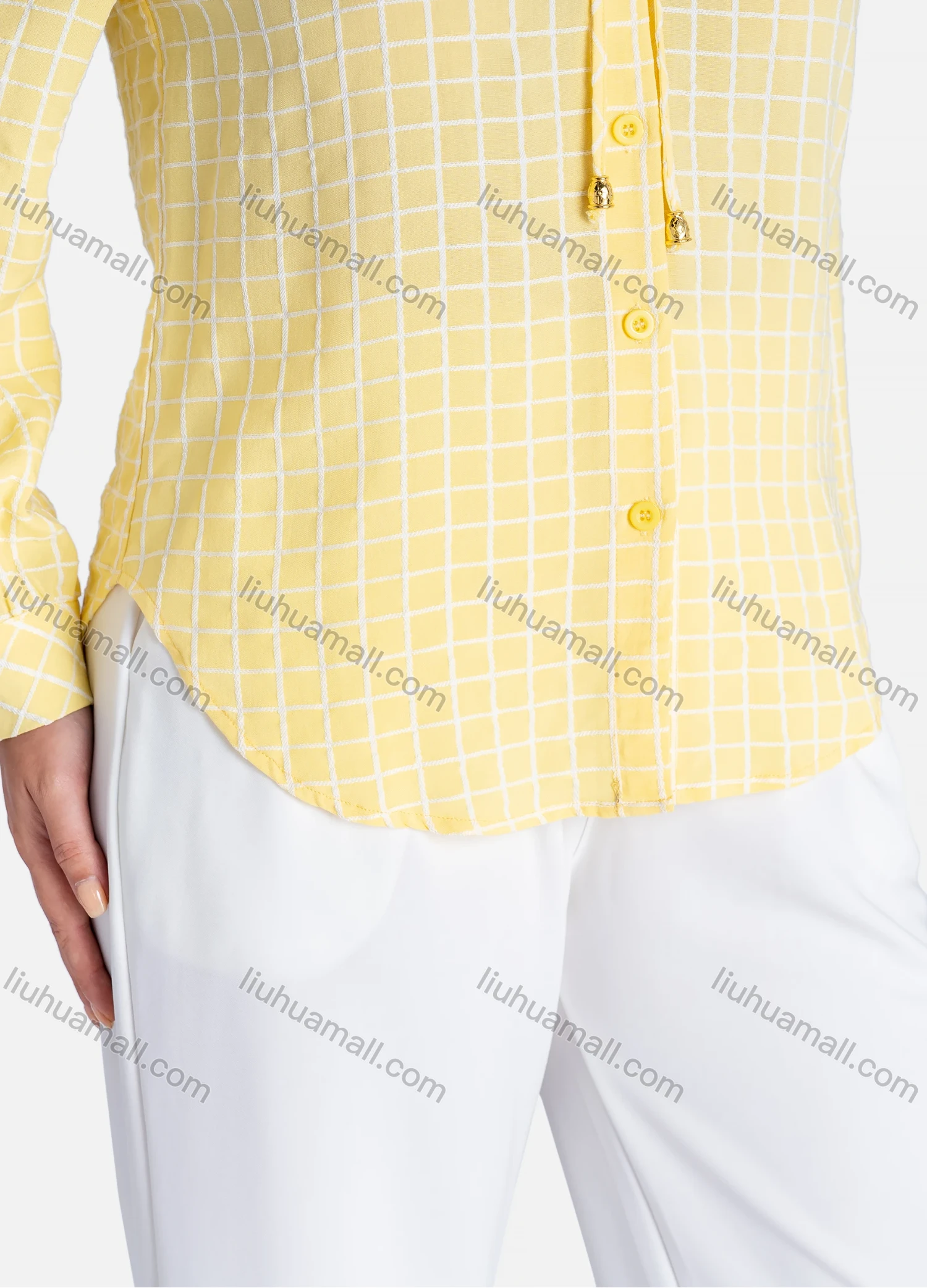 Wholesale Women's Casual Plaid Print Lace Trim Tie Neck Button Down Long Sleeve Shirt V2851# - Liuhuamall