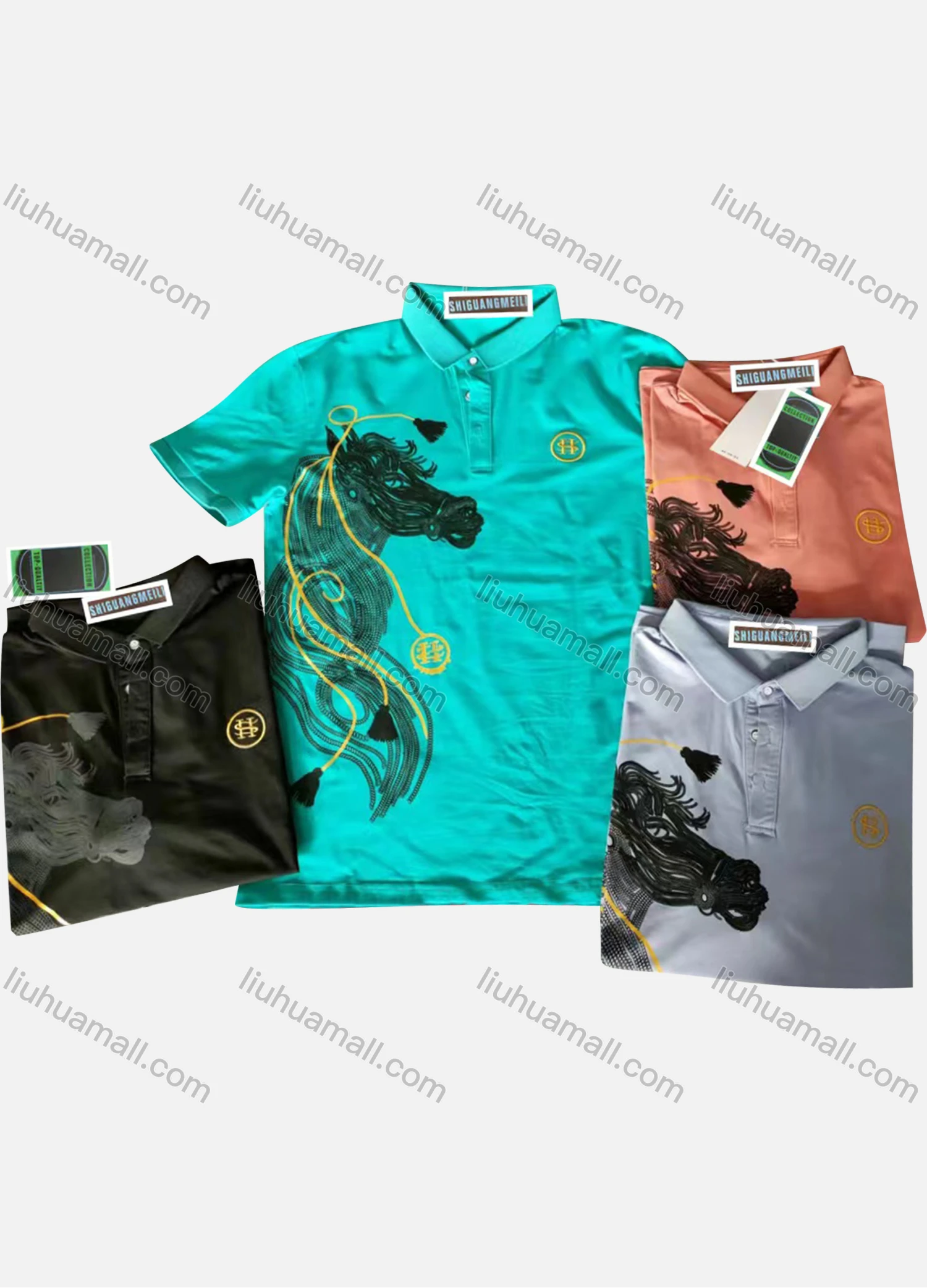 Wholesale Men's Short Sleeve Horse Print Polo Shirt - Liuhuamall