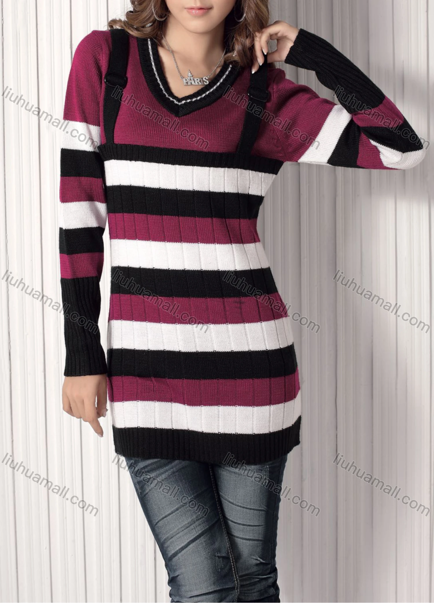 Wholesale Women's Casual Straps Colorblock Sweater - Liuhuamall
