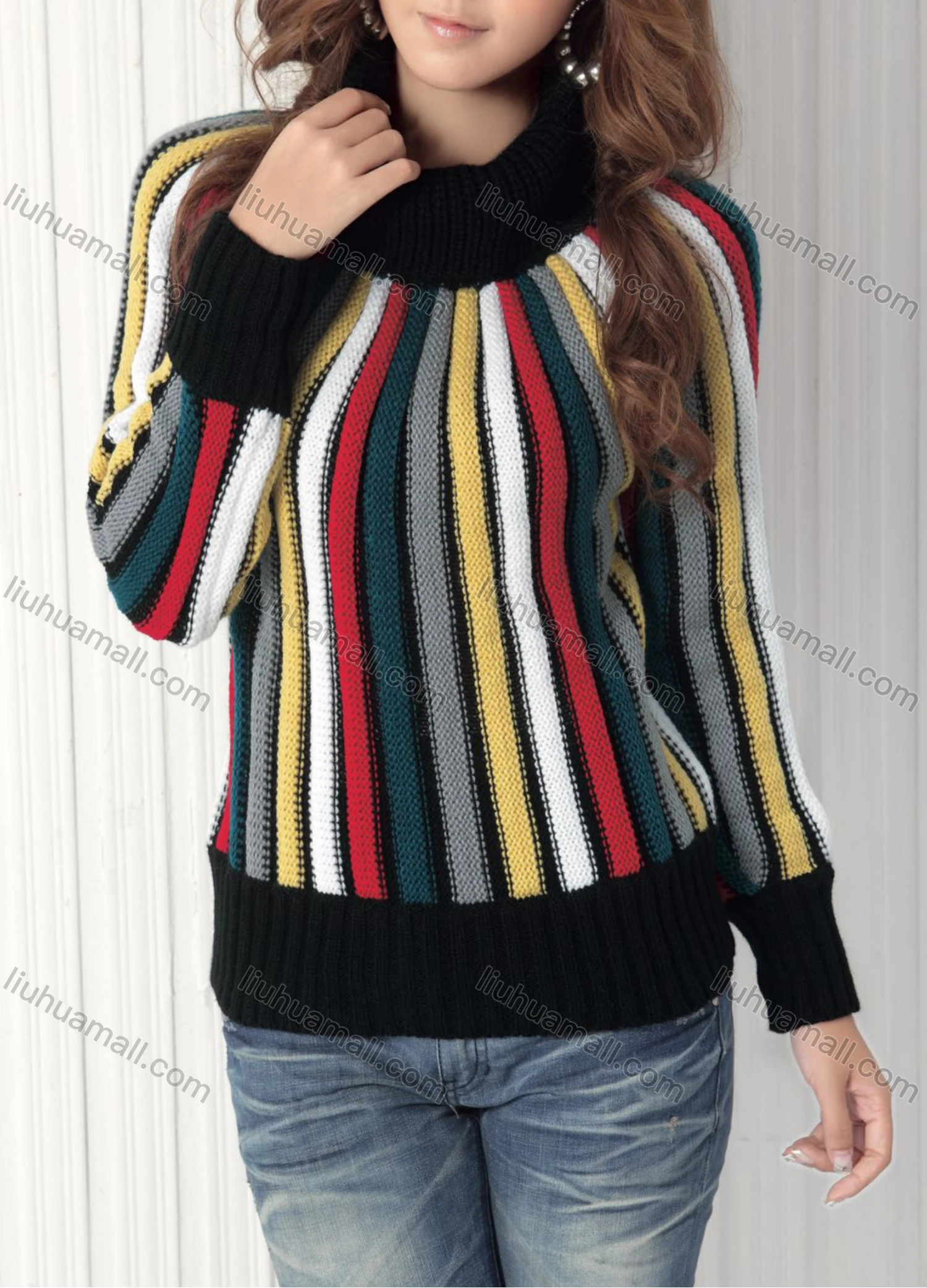 Wholesale Women's High Neck Colorblock Vertical Stripe Pullover Sweater - Liuhuamall
