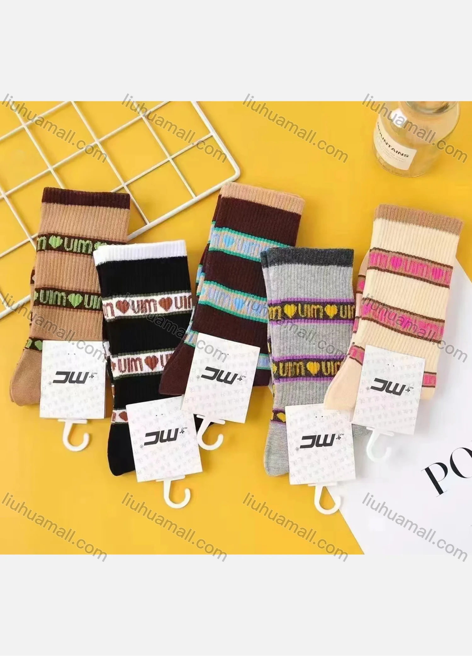 Wholesale Women's Breathable Cushioned Striped Letter Print Crew Socks - Liuhuamall