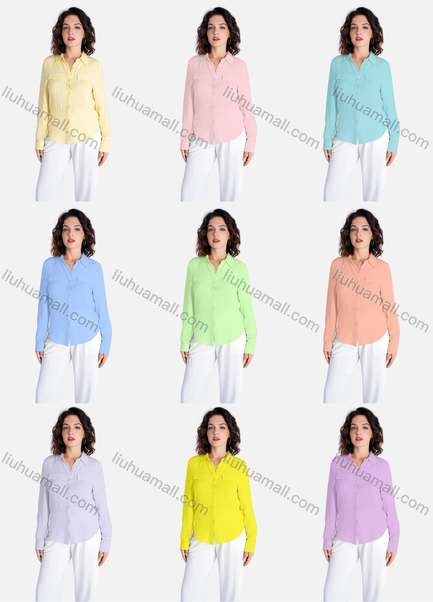 Wholesale Women's Casual Plaid Print Fake Pockets Button Down Curved Hem Long Sleeve Shirt V2849# - Liuhuamall