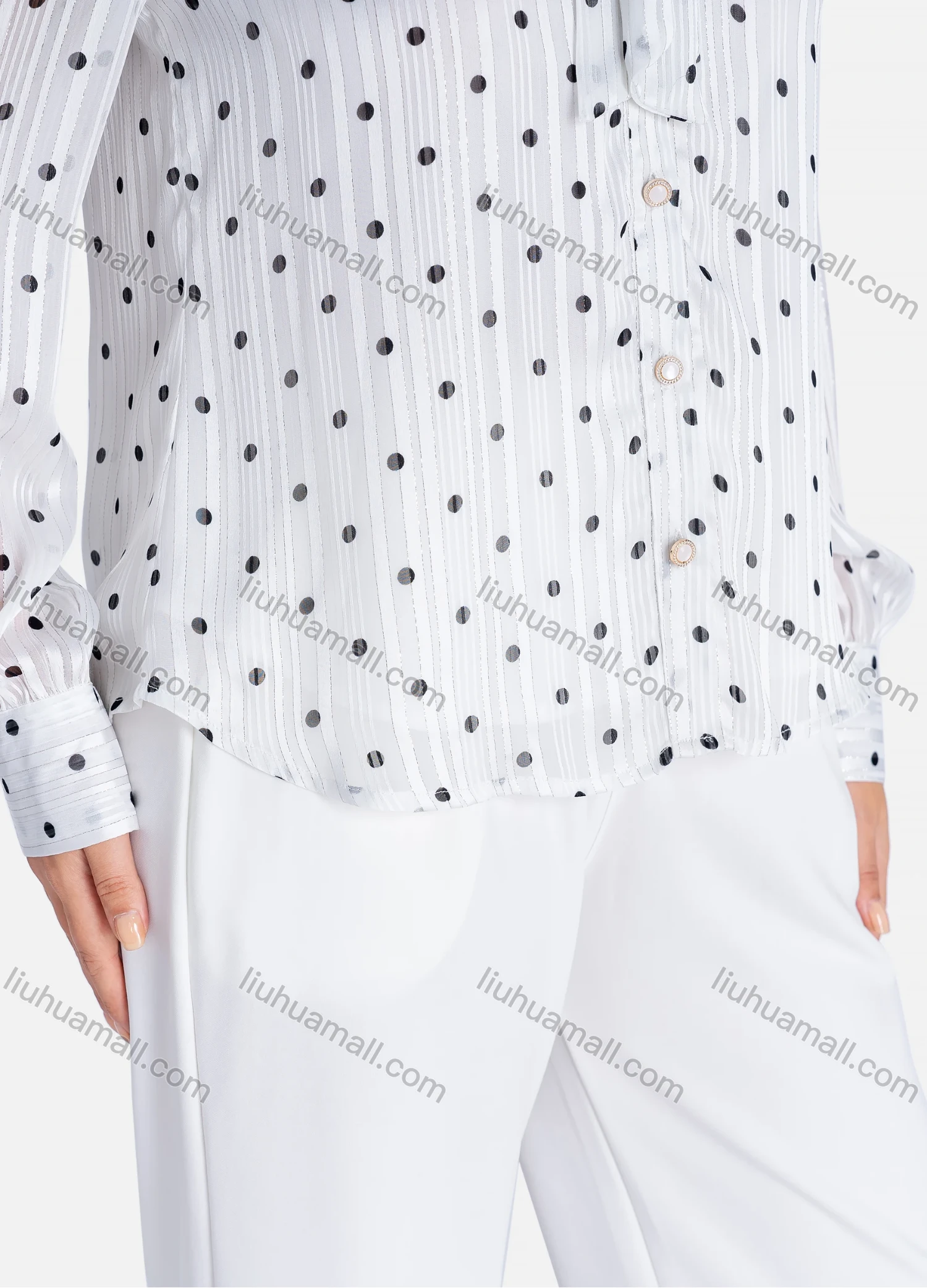 Wholesale Women's Casual Polka Dot Tie Neck Button Down Long Sleeve Shirt V2745# - Liuhuamall