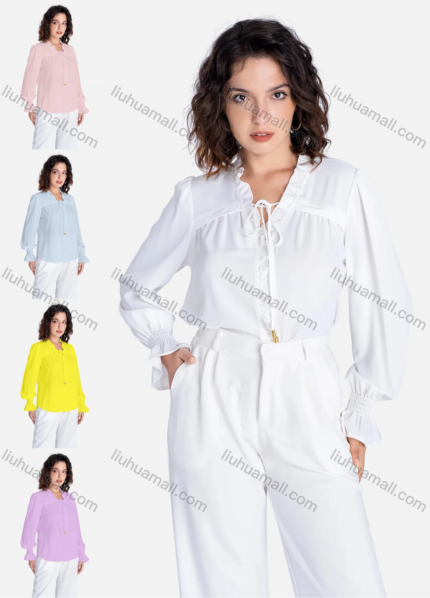 Wholesale Women's Casual Plain Tie Neck Ruffle Trim Long Sleeve Shirt V2751# - Liuhuamall