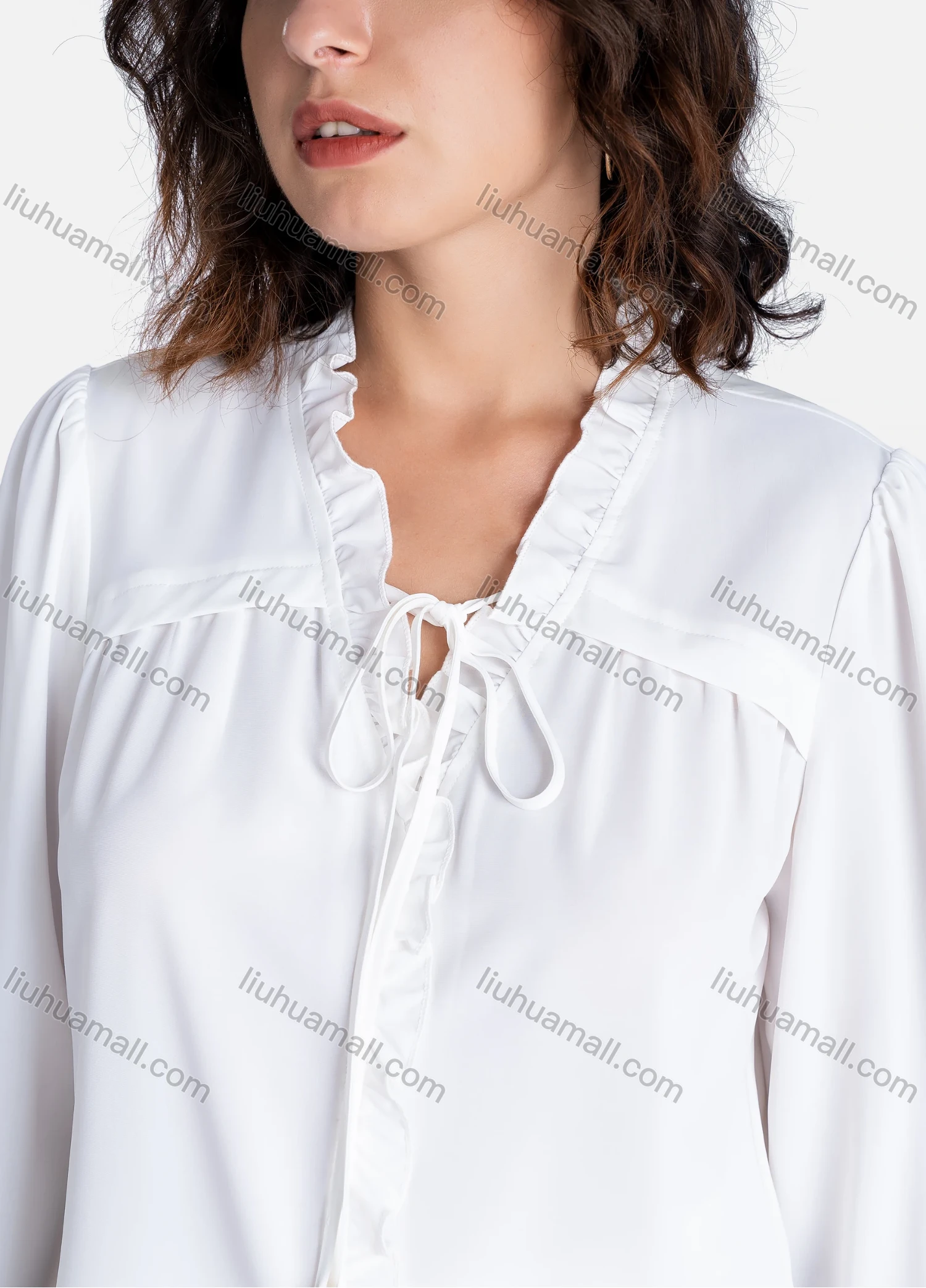 Wholesale Women's Casual Plain Tie Neck Ruffle Trim Long Sleeve Shirt V2751# - Liuhuamall