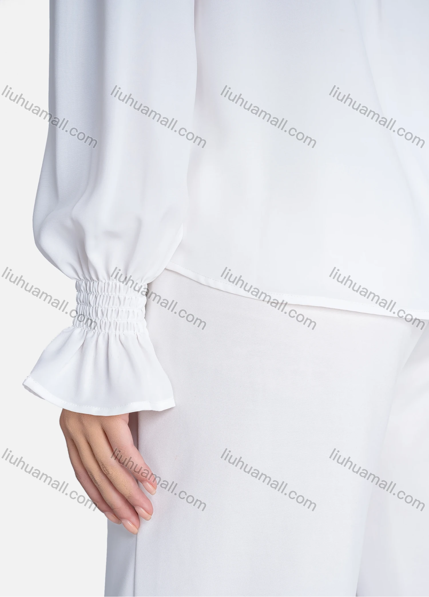 Wholesale Women's Casual Plain Tie Neck Ruffle Trim Long Sleeve Shirt V2751# - Liuhuamall