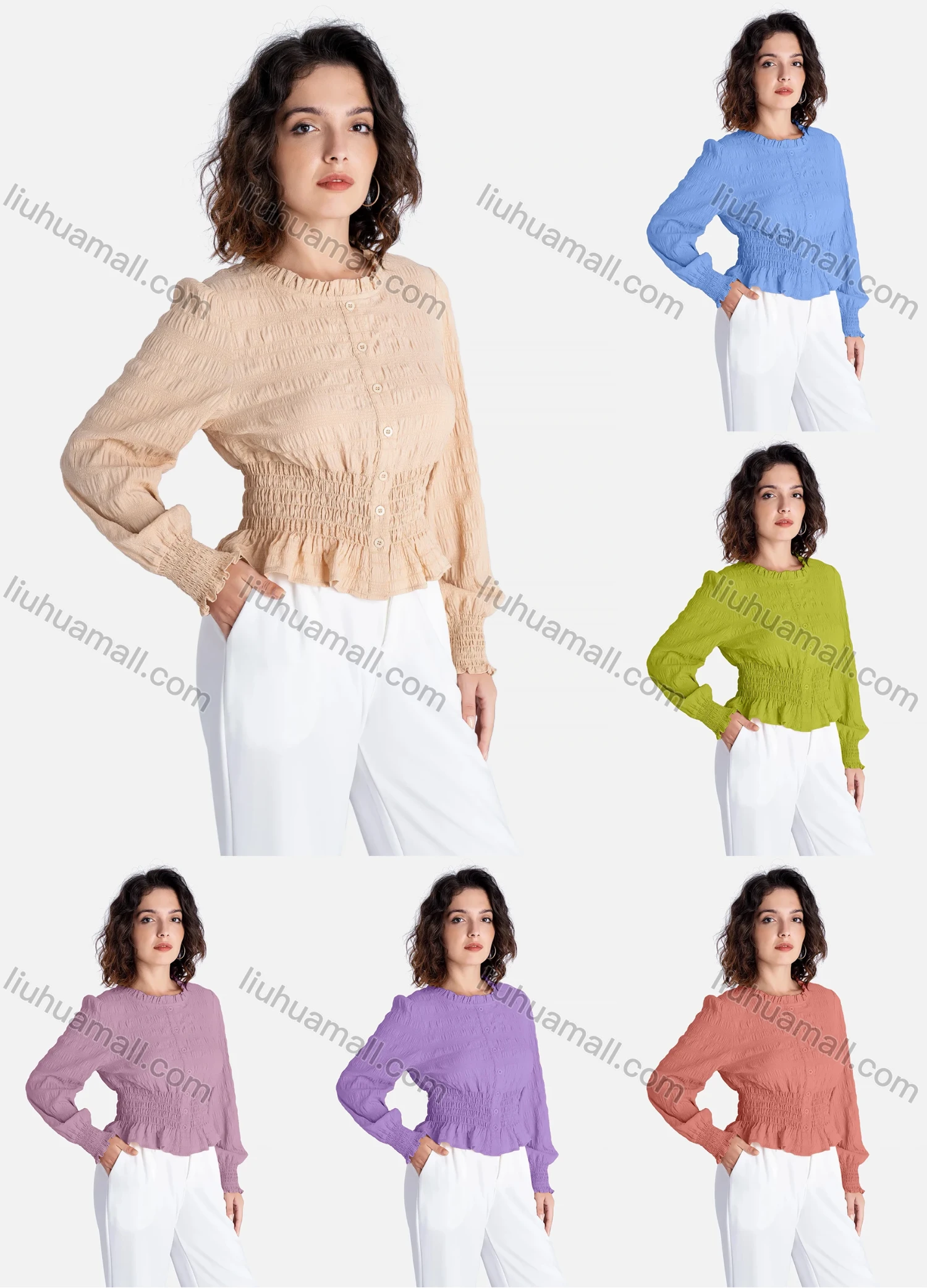 Wholesale Women's Casual Plain Ruffle Neck Button Front Shirred Long Sleeve Blouse V2637-1# - Liuhuamall