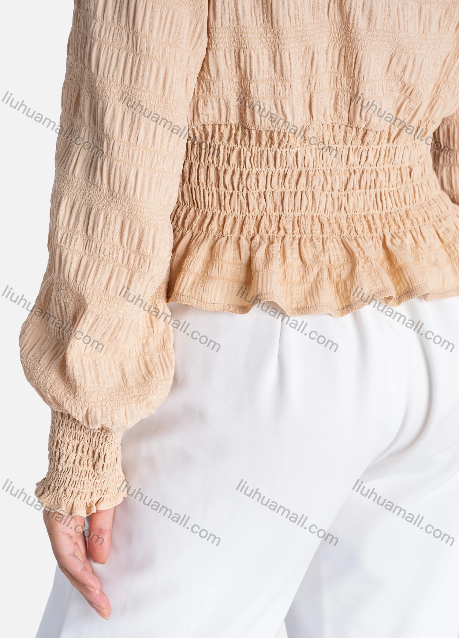 Wholesale Women's Casual Plain Ruffle Neck Button Front Shirred Long Sleeve Blouse V2637-1# - Liuhuamall