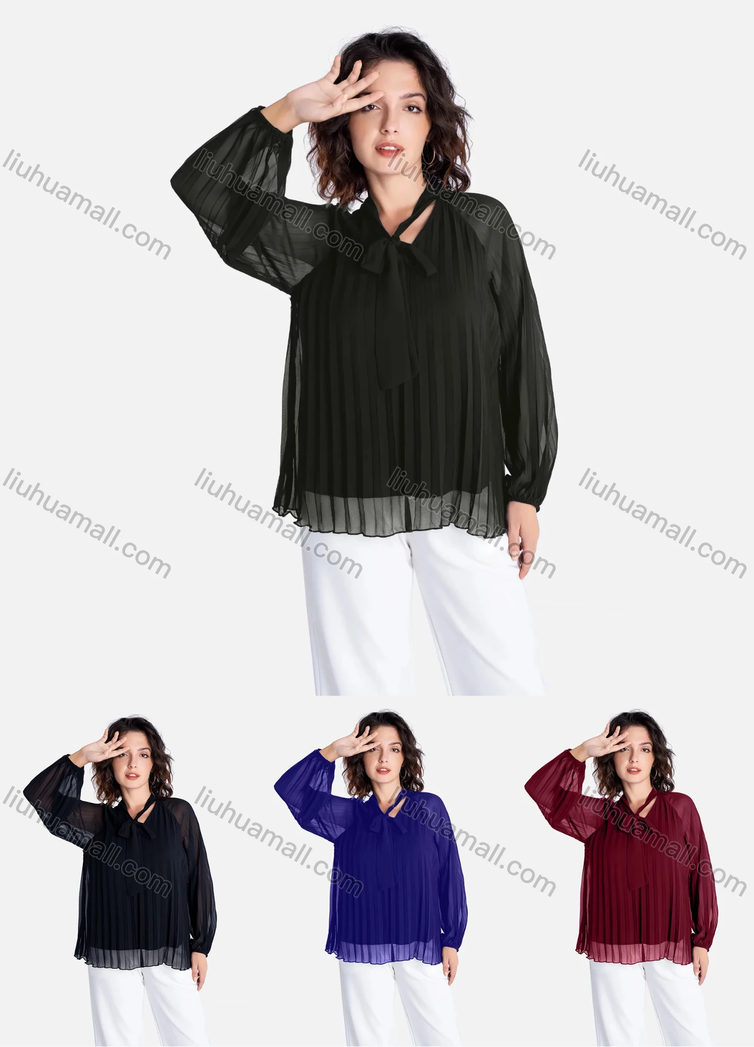Wholesale Women's Casual Plain Tie Neck Pleated Semi-sheer Long Sleeve Blouse 2744# - Liuhuamall