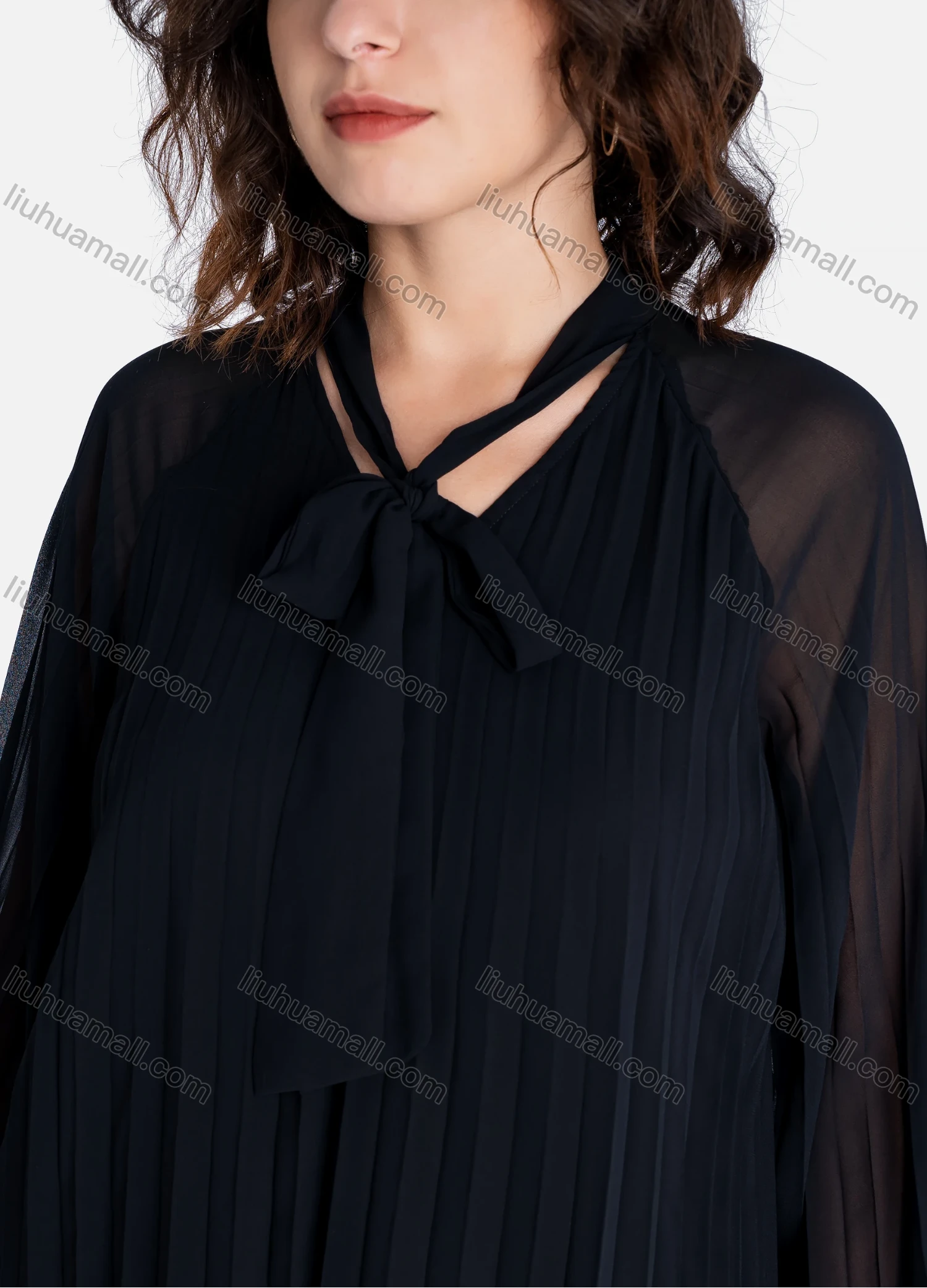 Wholesale Women's Casual Plain Tie Neck Pleated Semi-sheer Long Sleeve Blouse 2744# - Liuhuamall