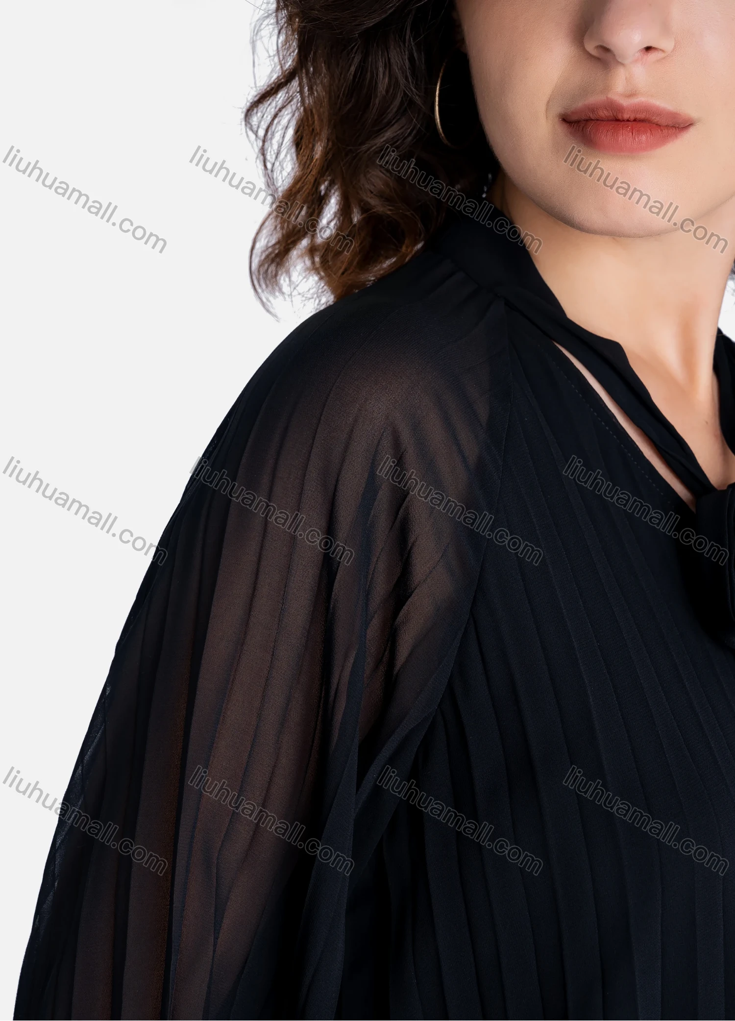 Wholesale Women's Casual Plain Tie Neck Pleated Semi-sheer Long Sleeve Blouse 2744# - Liuhuamall