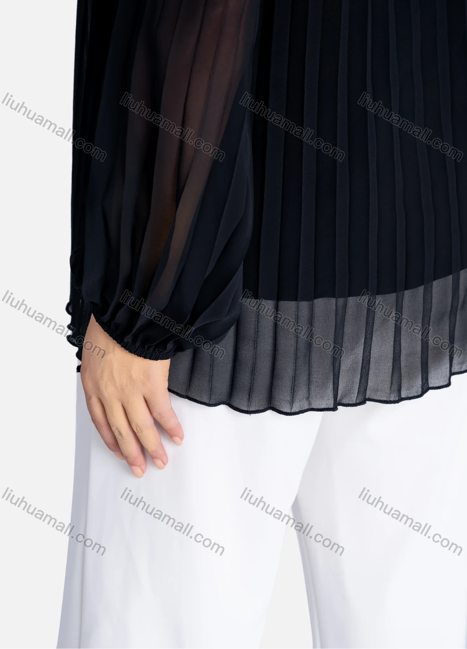 Wholesale Women's Casual Plain Tie Neck Pleated Semi-sheer Long Sleeve Blouse 2744# - Liuhuamall