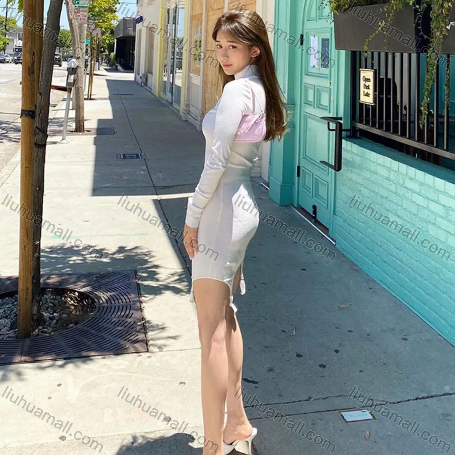 Wholesale Women's Casual Plain Slim Fit Turtleneck Short Dress Link Sock With Belt - Liuhuamall