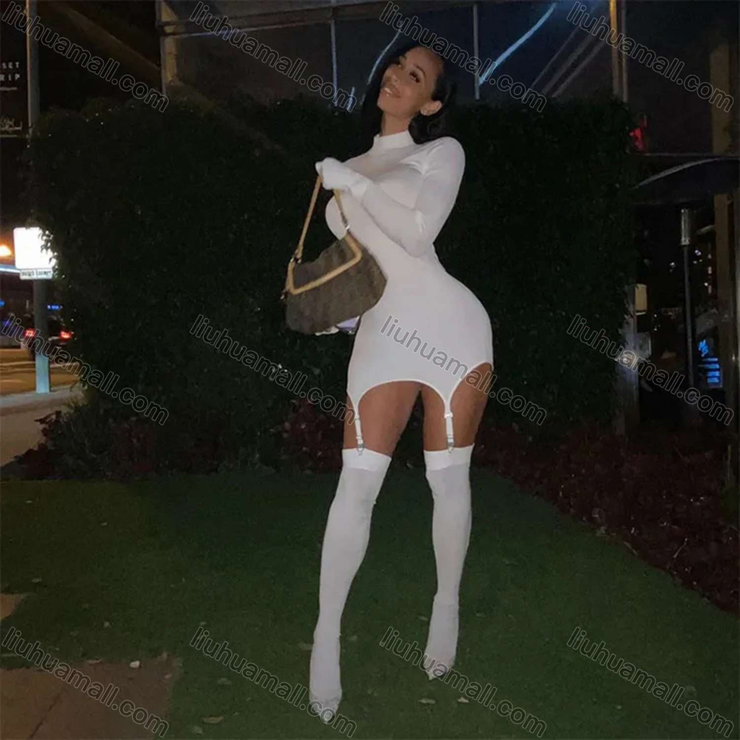 Wholesale Women's Casual Plain Slim Fit Turtleneck Short Dress Link Sock With Belt - Liuhuamall