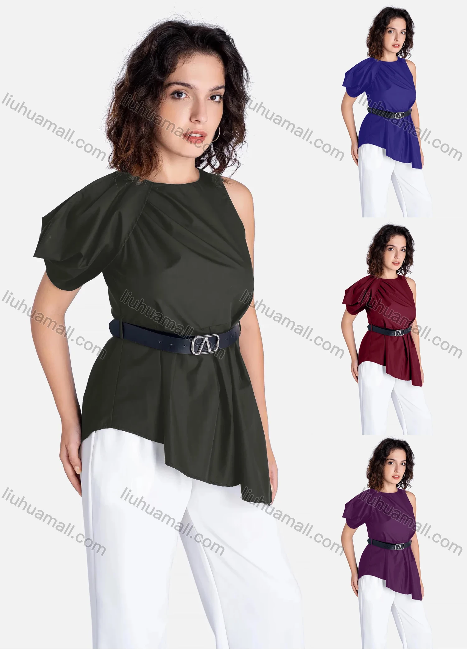 Wholesale Women's Casual Plain Round Neck One Side Sleeve Asymmetrical Hem Blouse With Belt V2138# - Liuhuamall